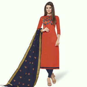 Excellent Rust Orange Colored Casual Wear Embroidered Cotton Dress Material - Peachmode