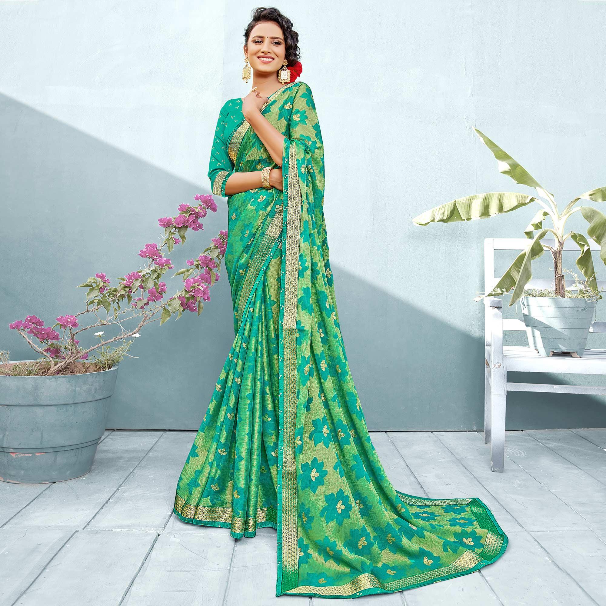 Excellent Sea Green Coloured Partywear Floral Printed Chiffon Brasso Saree - Peachmode