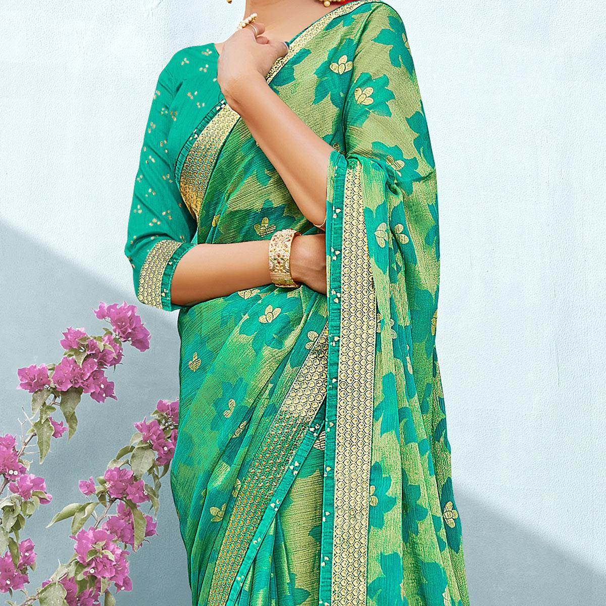 Excellent Sea Green Coloured Partywear Floral Printed Chiffon Brasso Saree - Peachmode