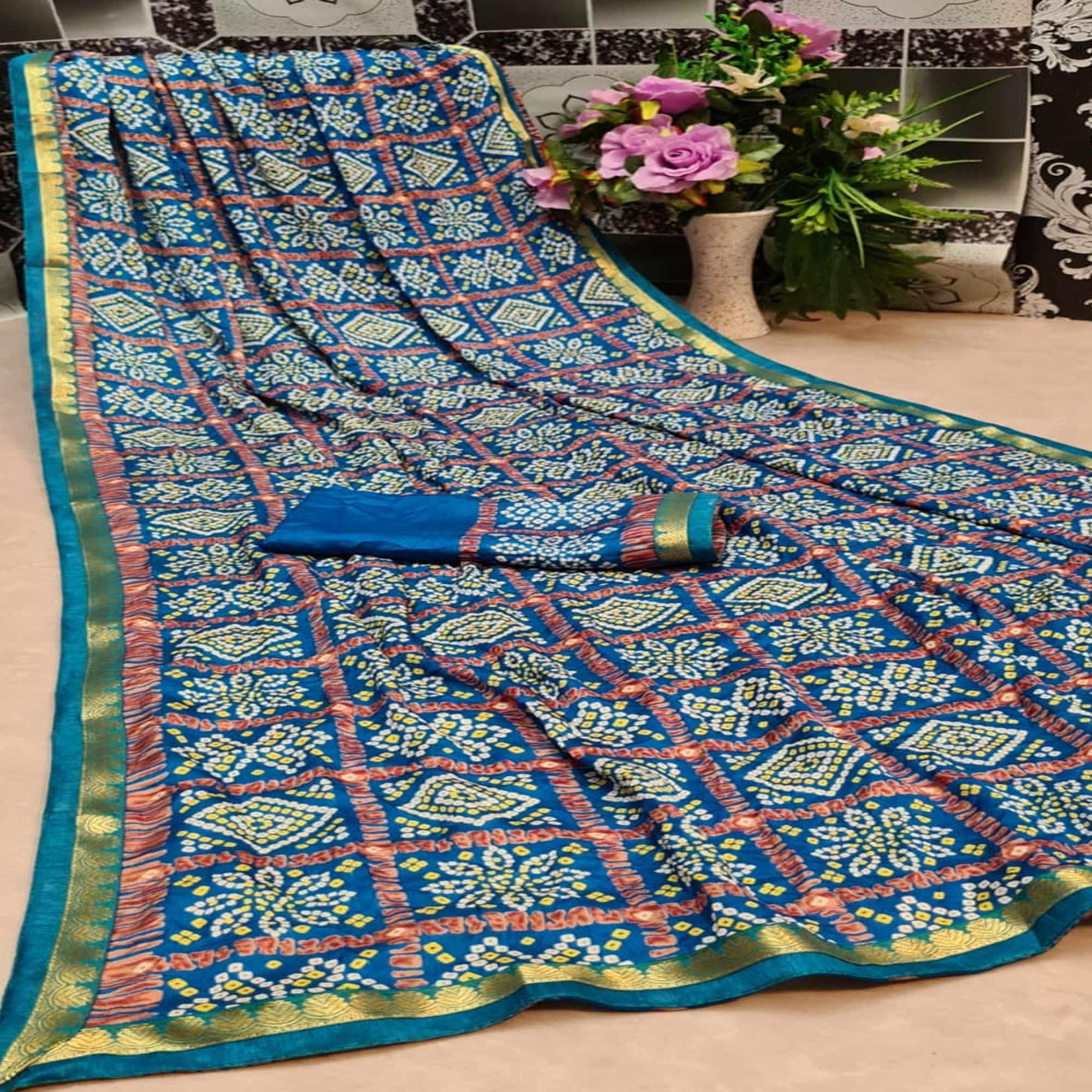 Excellent Turquoise Blue Colored Festive Wear Woven Moss Georgette Saree - Peachmode