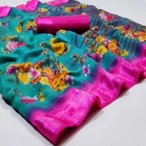 Excellent Turquoise Green Colored Casual Wear Fancy Printed Linen Saree - Peachmode