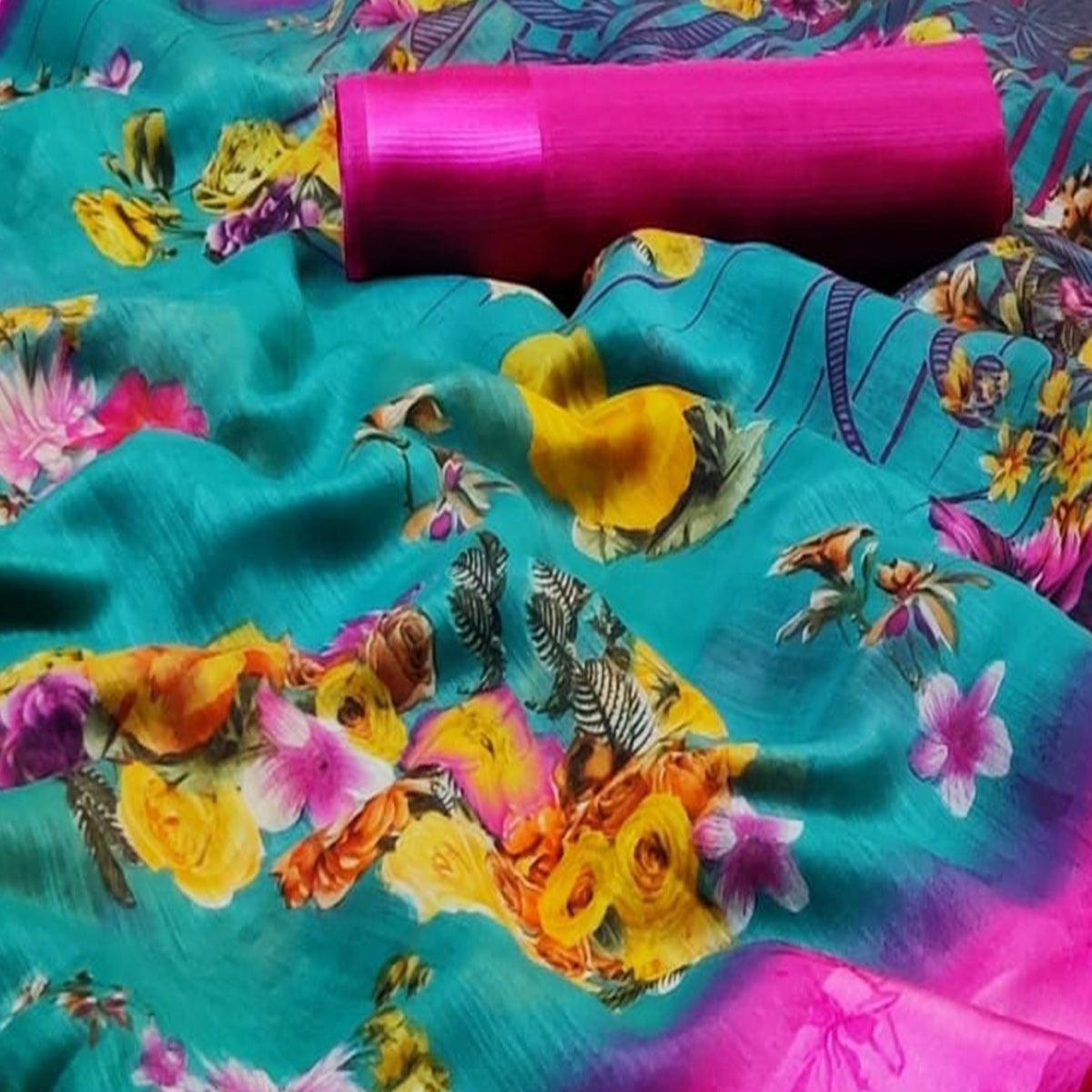 Excellent Turquoise Green Colored Casual Wear Fancy Printed Linen Saree - Peachmode