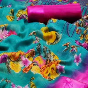 Excellent Turquoise Green Colored Casual Wear Fancy Printed Linen Saree - Peachmode