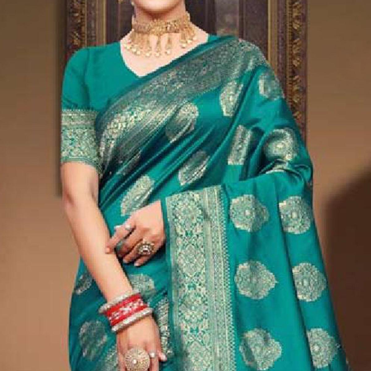 Excellent Turquoise Green Colored Festive Wear Woven Art Silk Saree - Peachmode