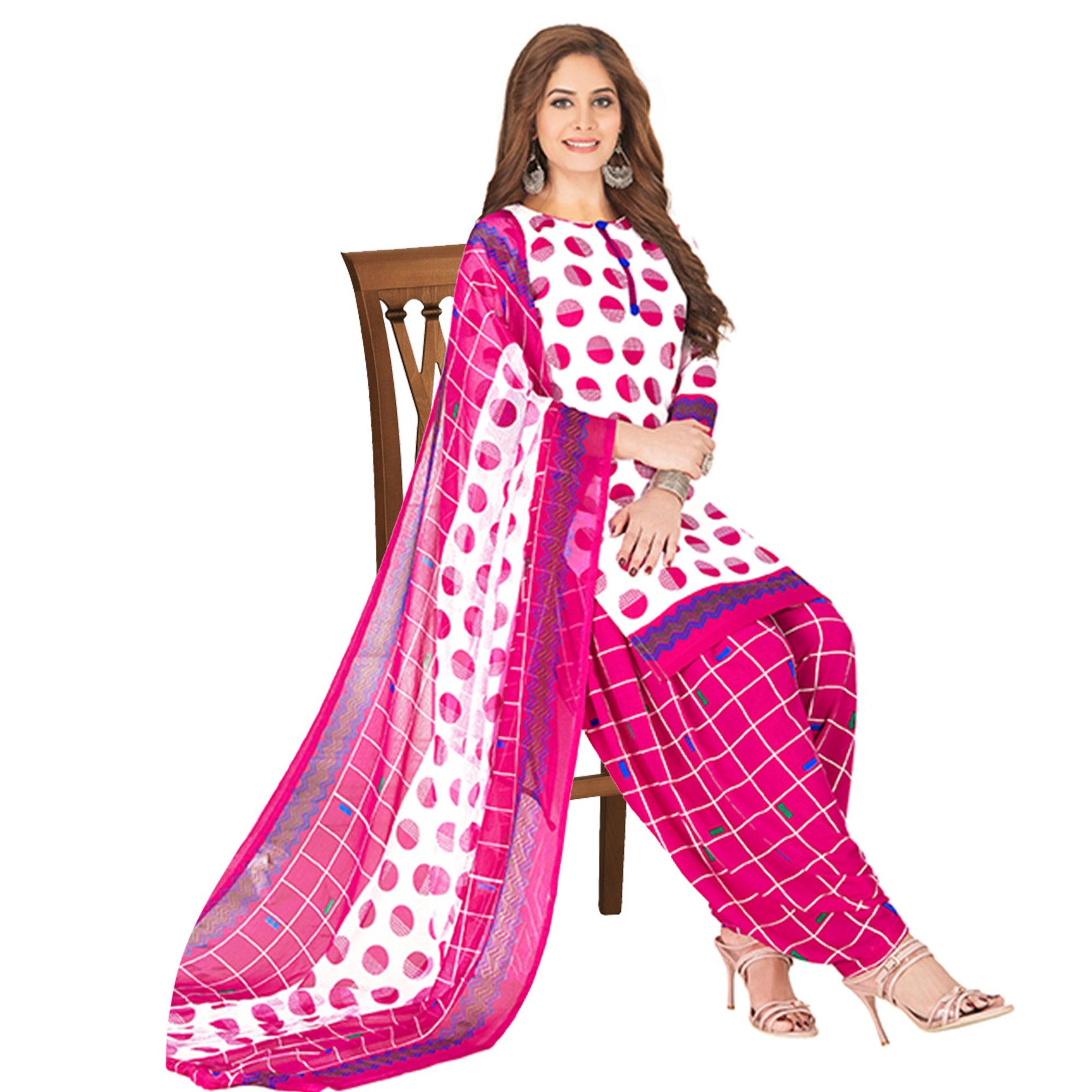 Excellent White - Pink Colored Casual Wear Printed Crepe Patiala Dress Material - Peachmode