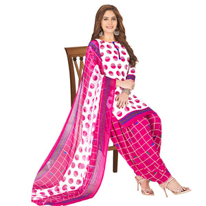 Excellent White - Pink Colored Casual Wear Printed Crepe Patiala Dress Material - Peachmode