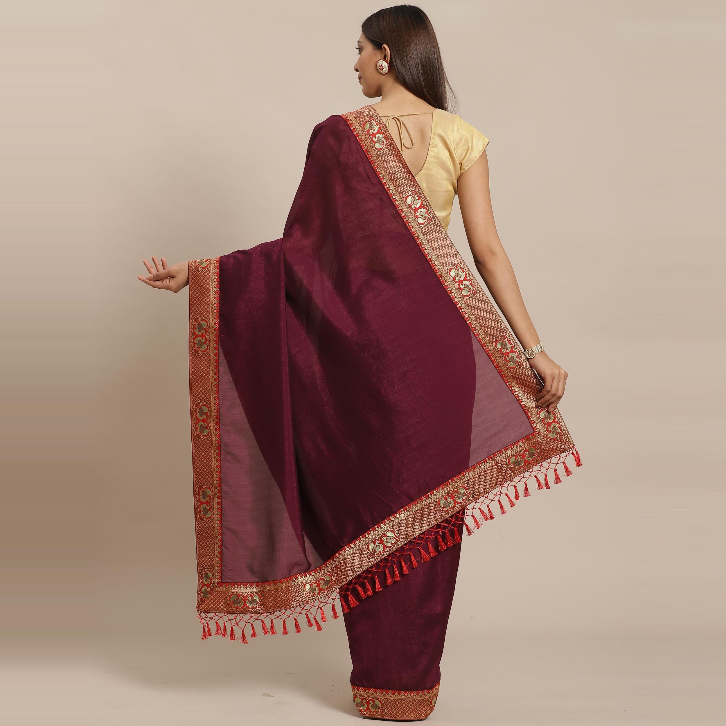 Excellent Wine Colored Festive Woven Silk Blend Saree - Peachmode