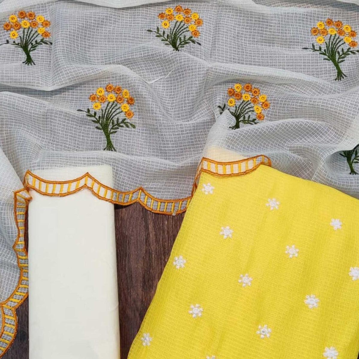 Excellent Yellow Colored Casual Wear Embroidered Kota Checks Dress Material - Peachmode