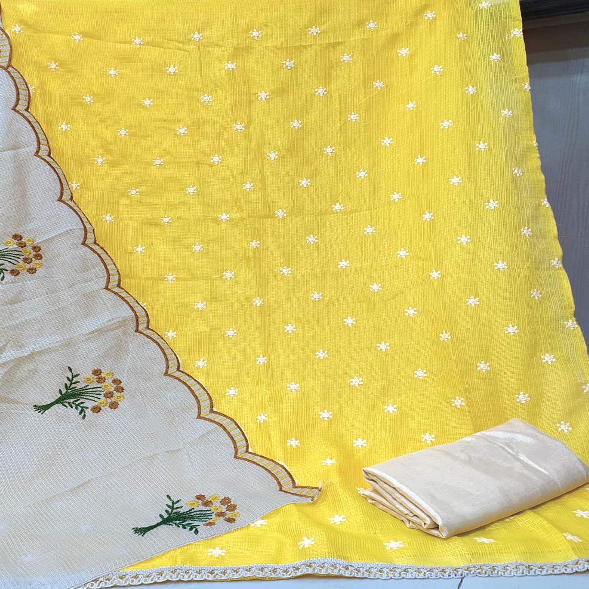Excellent Yellow Colored Casual Wear Embroidered Kota Checks Dress Material - Peachmode