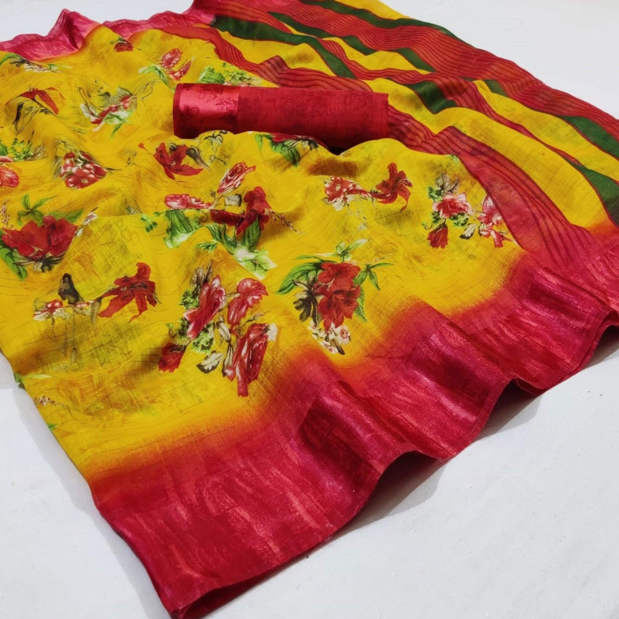 Excellent Yellow Colored Casual Wear Printed Linen Saree - Peachmode