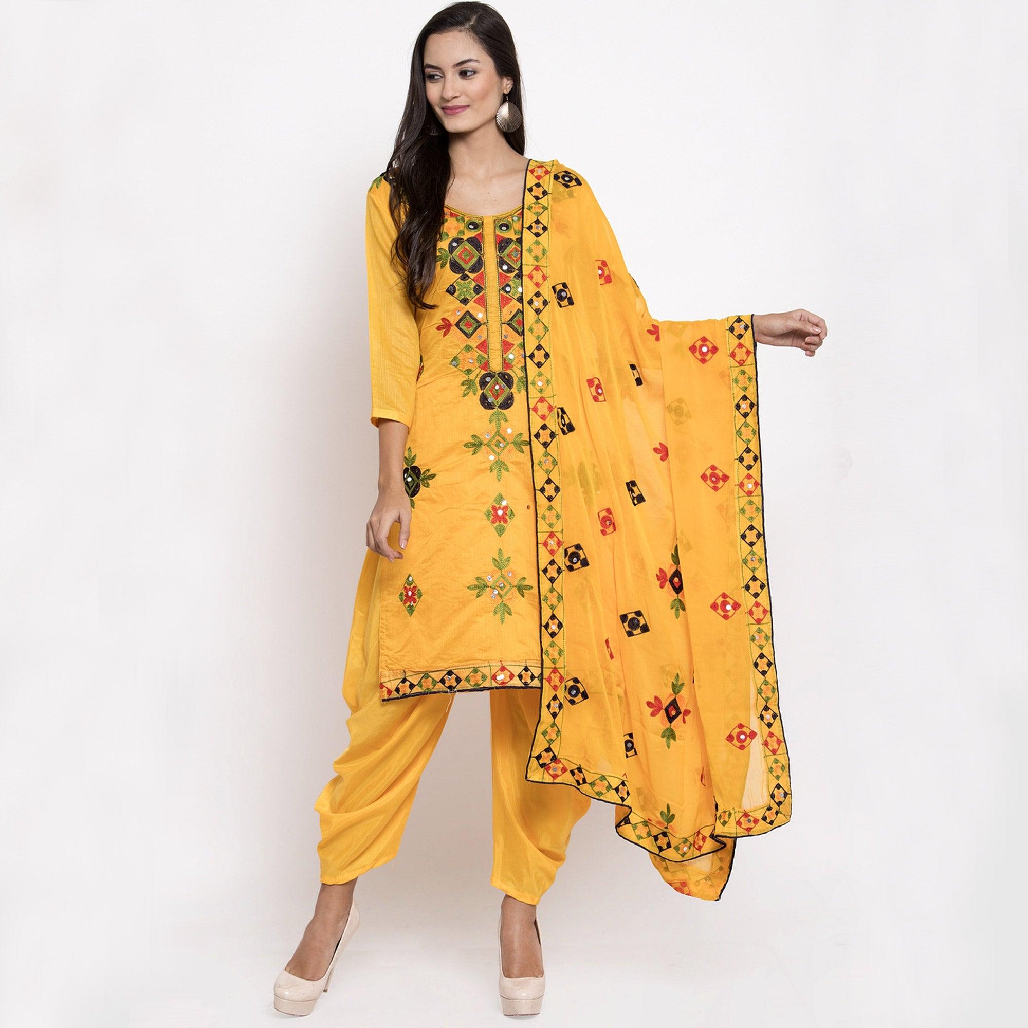 Excellent Yellow Colored Party Wear Embroidered Chanderi Dress Material - Peachmode