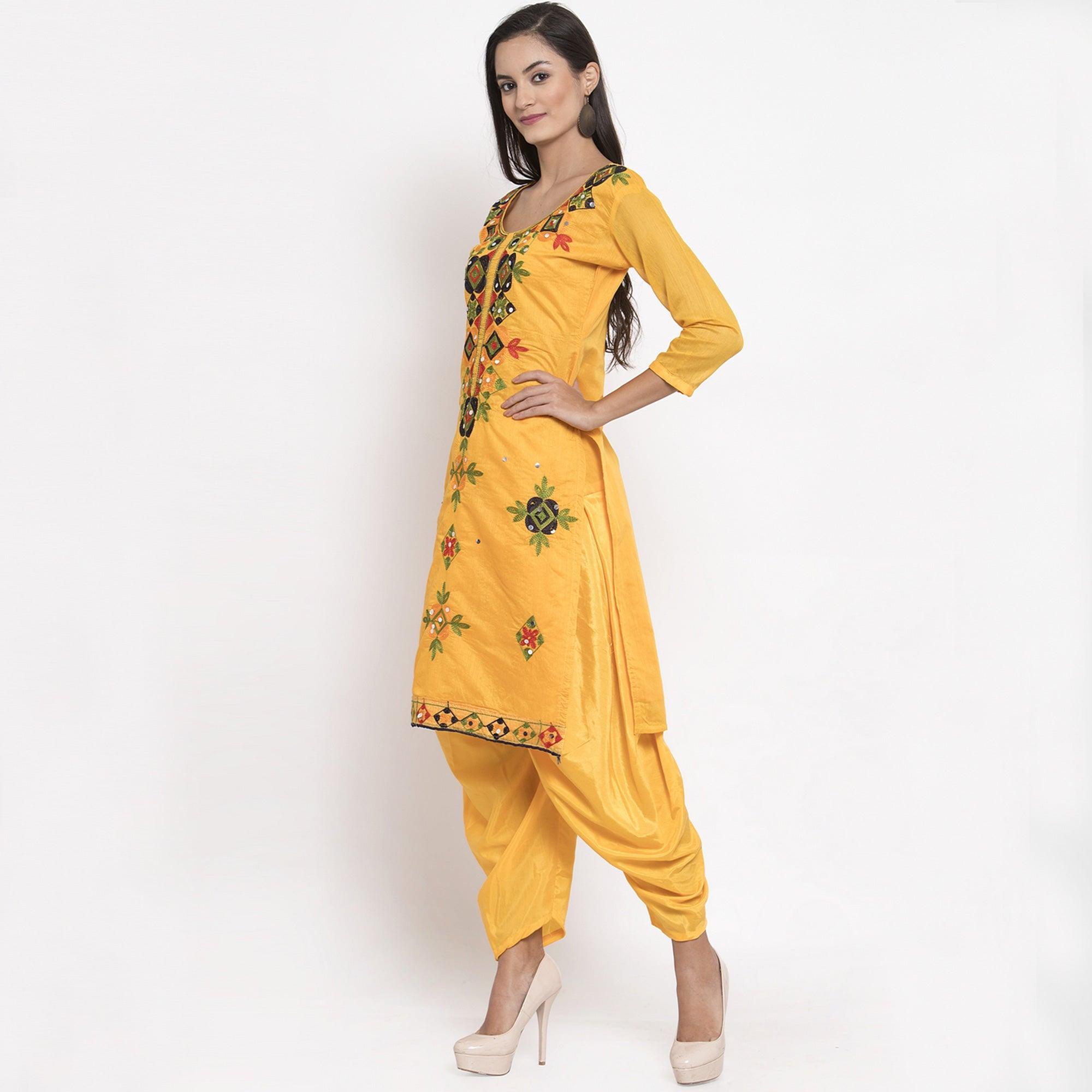 Excellent Yellow Colored Party Wear Embroidered Chanderi Dress Material - Peachmode