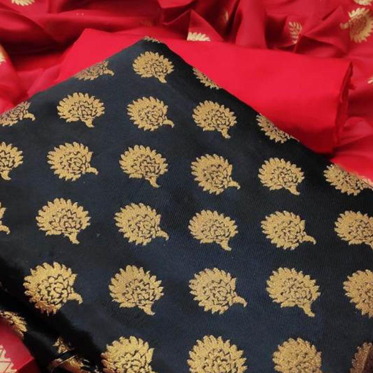 Exceptional Black Colored Casual Wear Banarasi Silk Dress Material - Peachmode