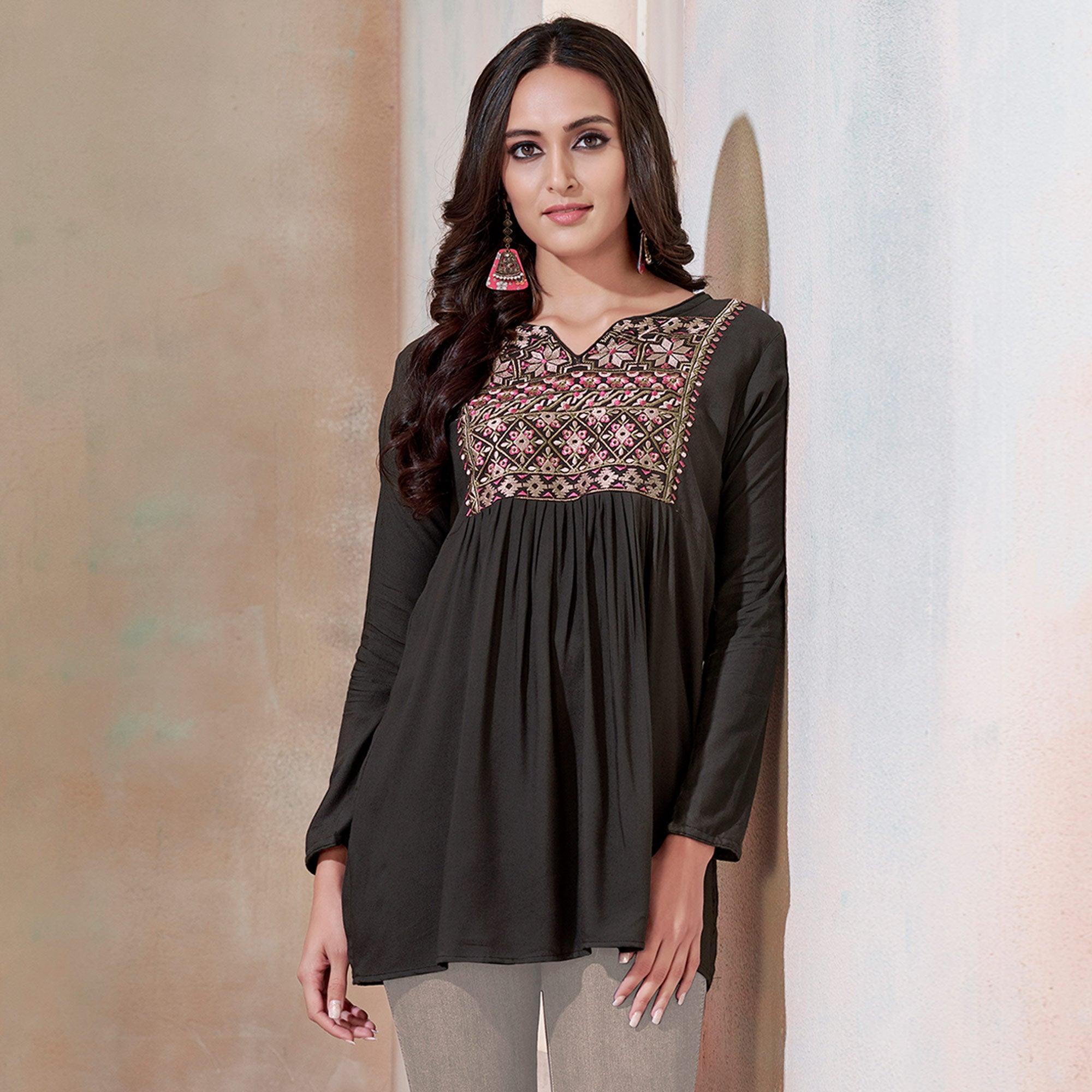 Exceptional Blackish Gray Colored Partywear Embroidered Rayon Western Top - Peachmode
