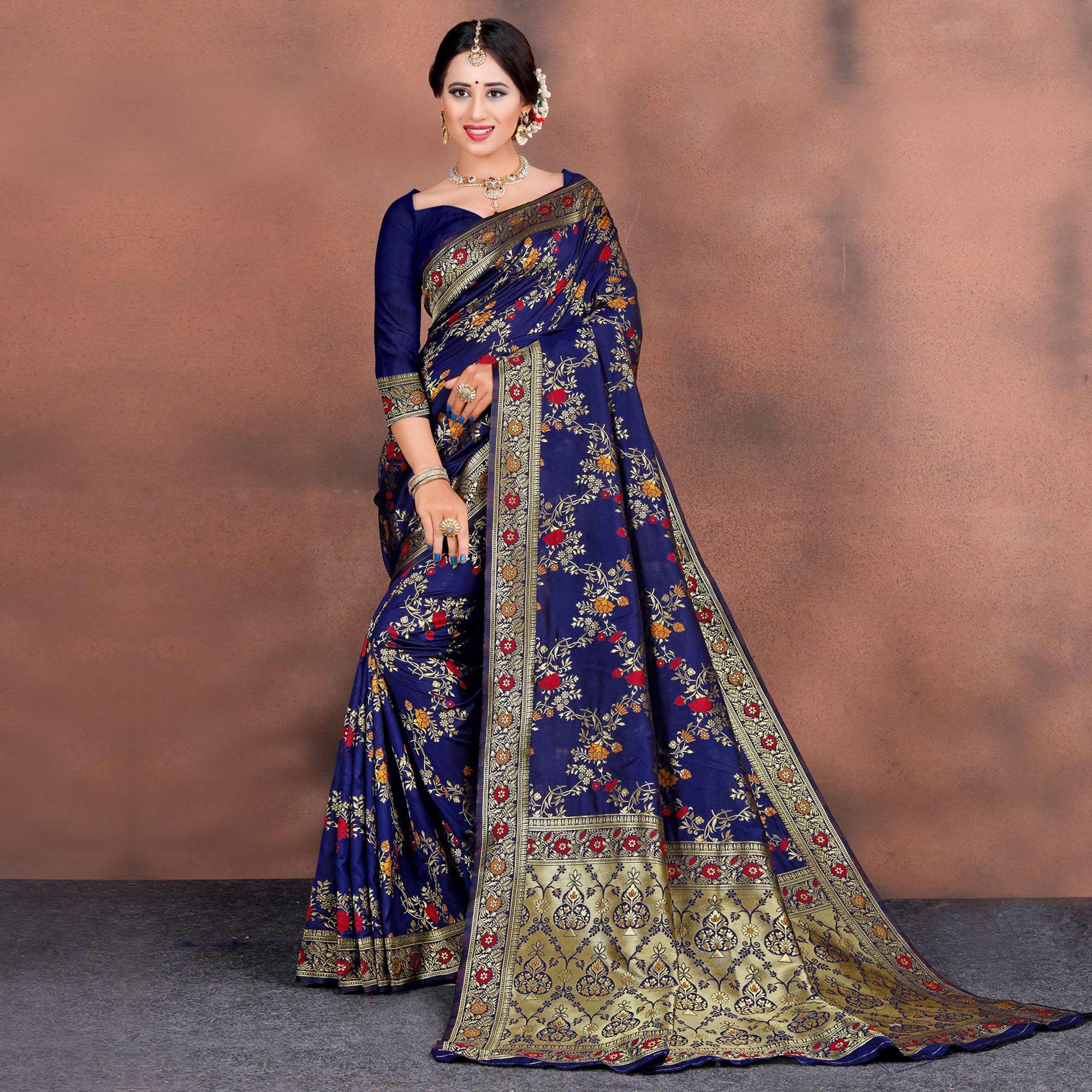 Exceptional Blue Colored Festive Wear Woven Silk Saree - Peachmode