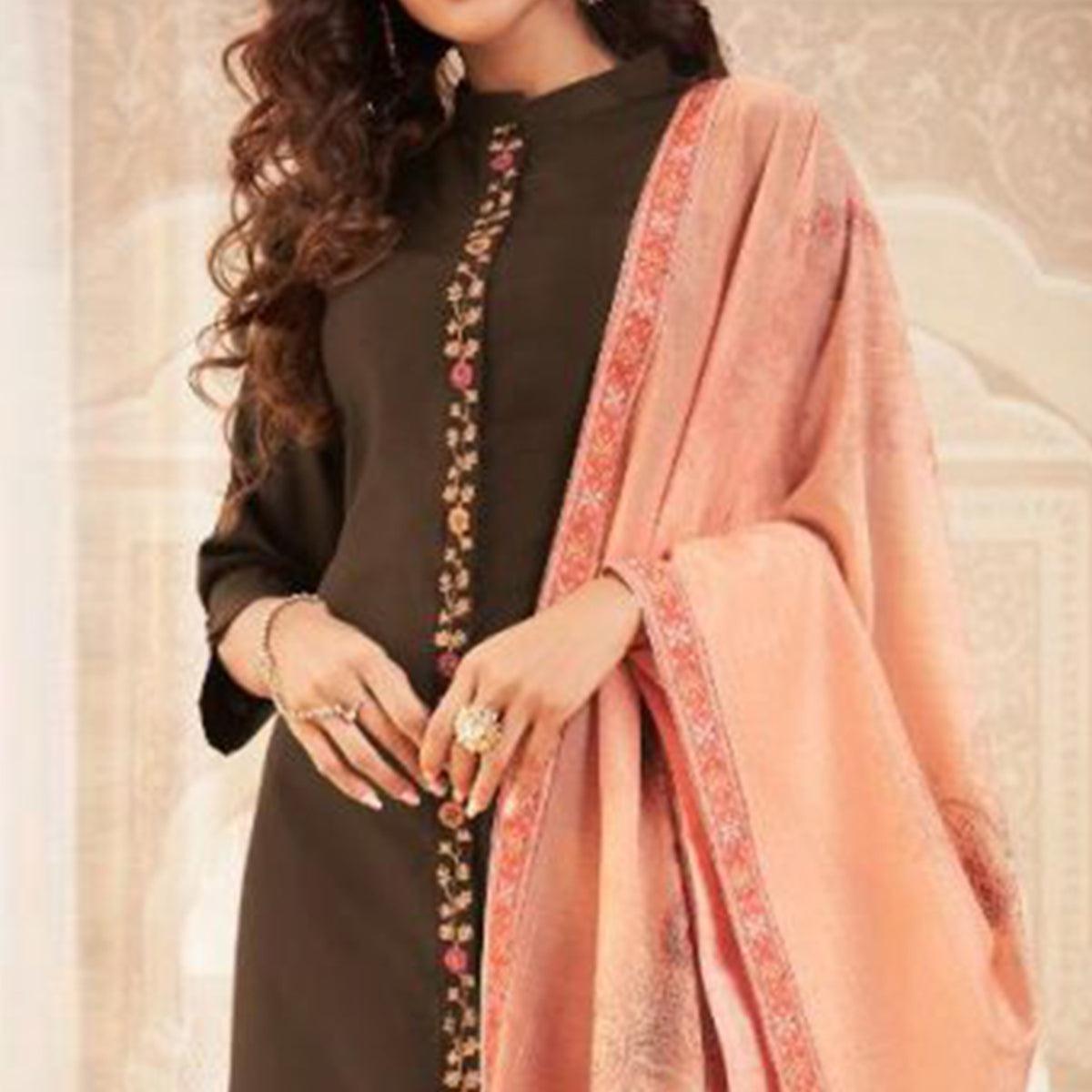 Exceptional Brown Colored Partywear Embroidered Heavy Muslin Salwar Suit - Peachmode