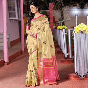 Exceptional Cream Colored Festive Wear Woven Cotton Silk Saree - Peachmode