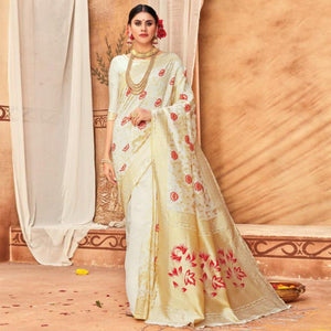 Exceptional Cream Colored Festive Wear Woven Silk Blend Saree With Tassels - Peachmode