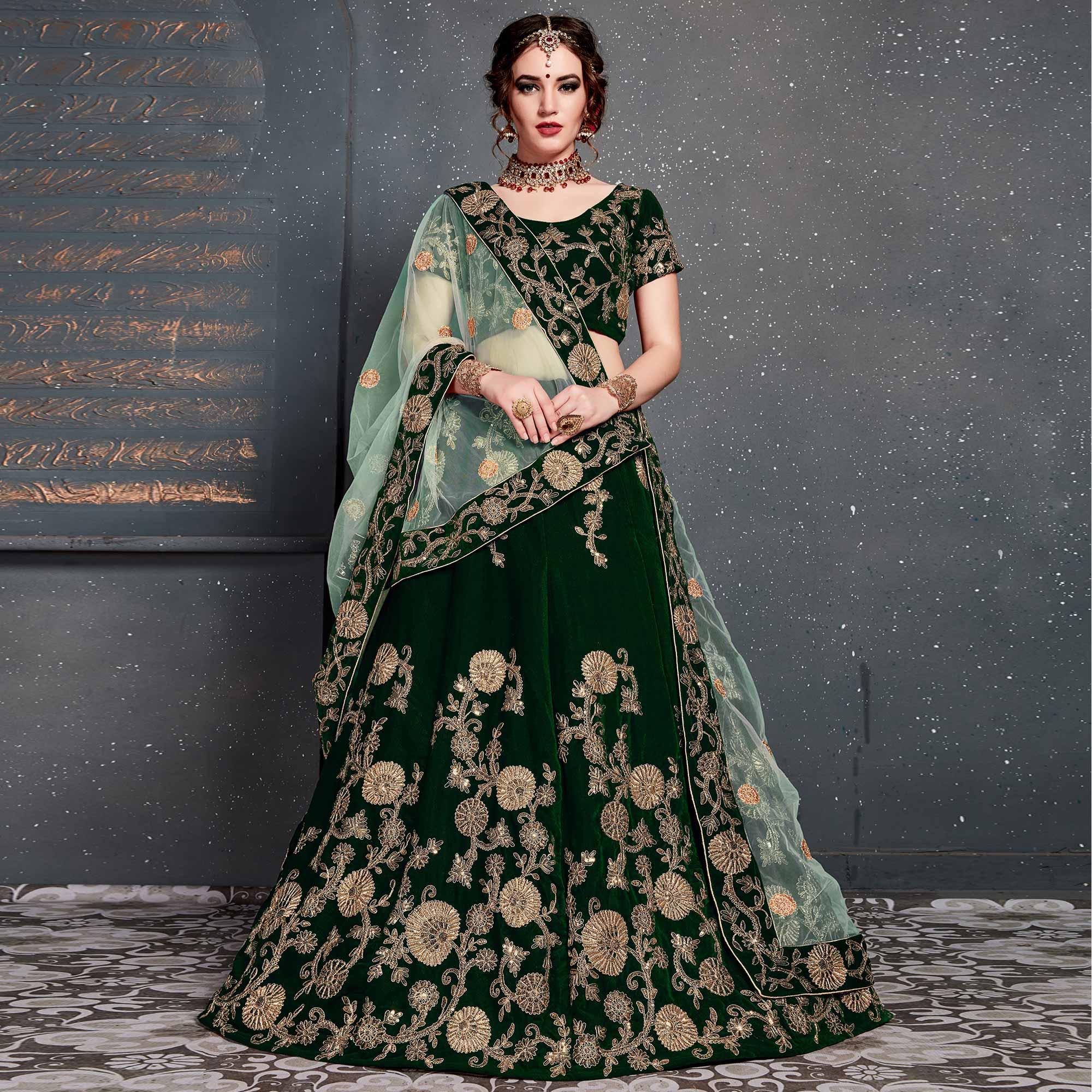 Exceptional Dark Green Colored Wedding Wear Embroidered Velvet Lehenga Choli - Peachmode