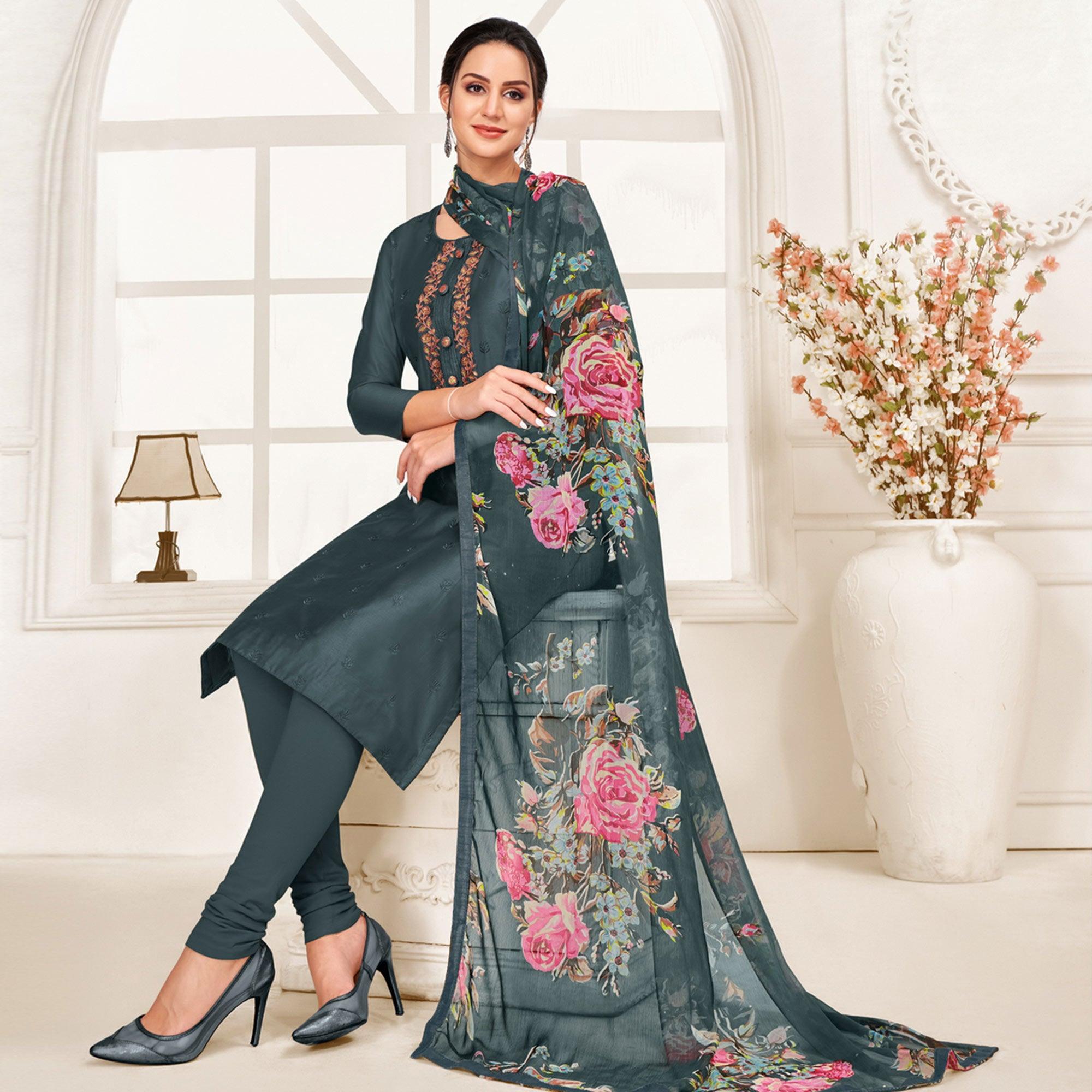 Exceptional Dark Grey Colored Casual Wear Embroidered Chanderi Dress Material - Peachmode