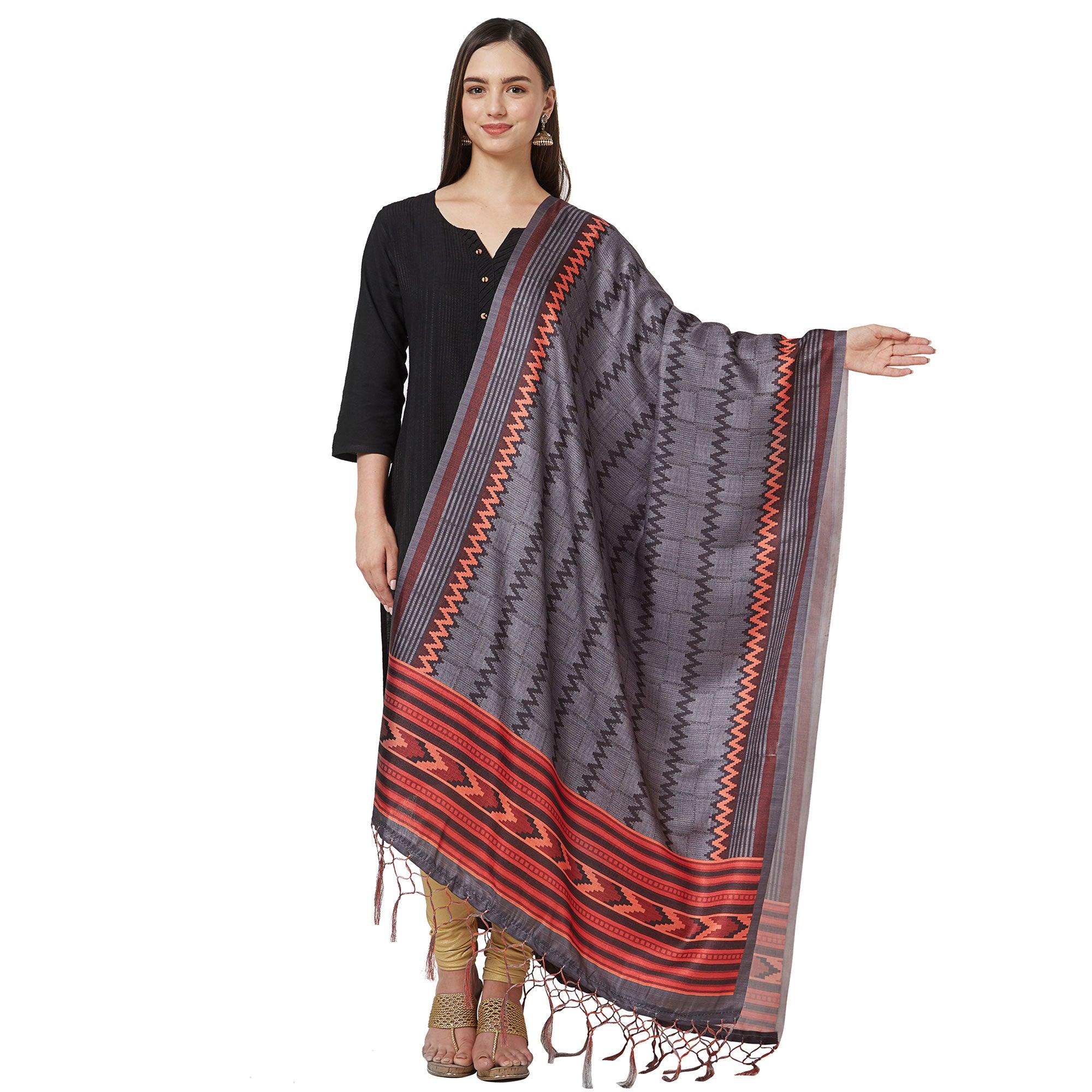 Exceptional Gray Colored Casual Printed Pashmina Silk Dupatta - Peachmode