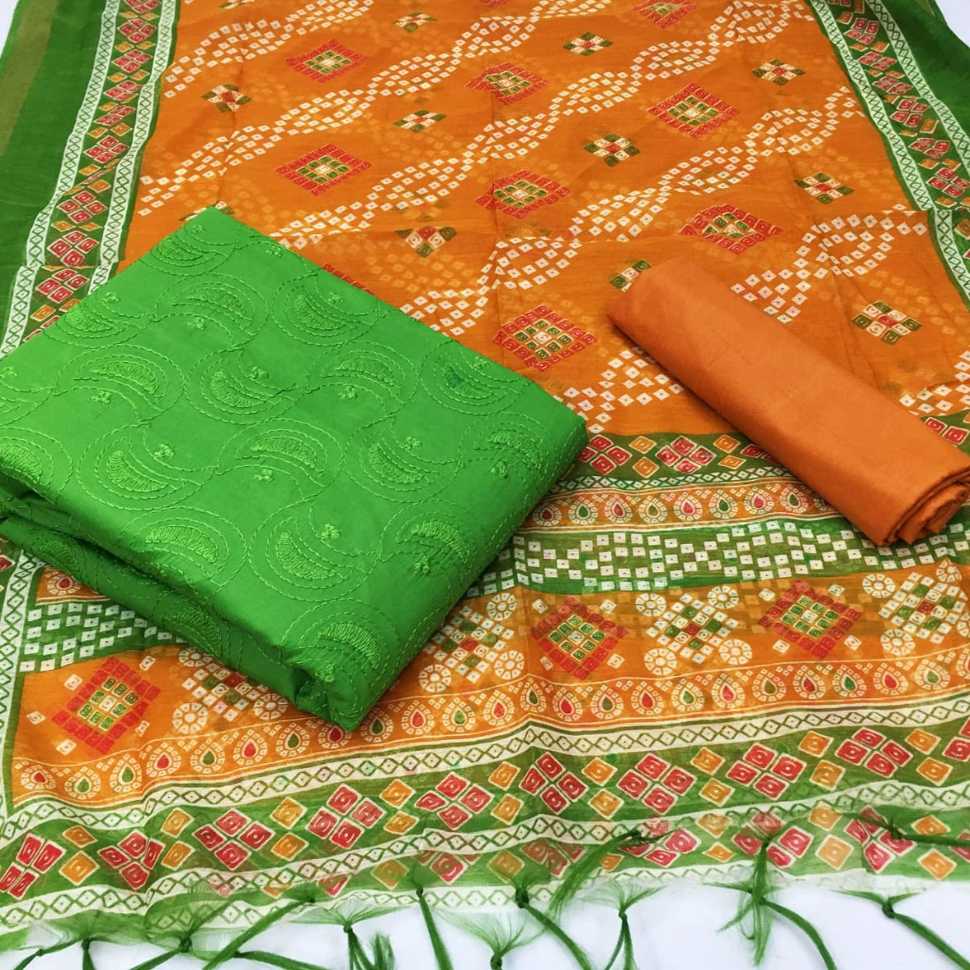 Exceptional Green Colored Casual Wear Embroidered Cotton Dress Material - Peachmode