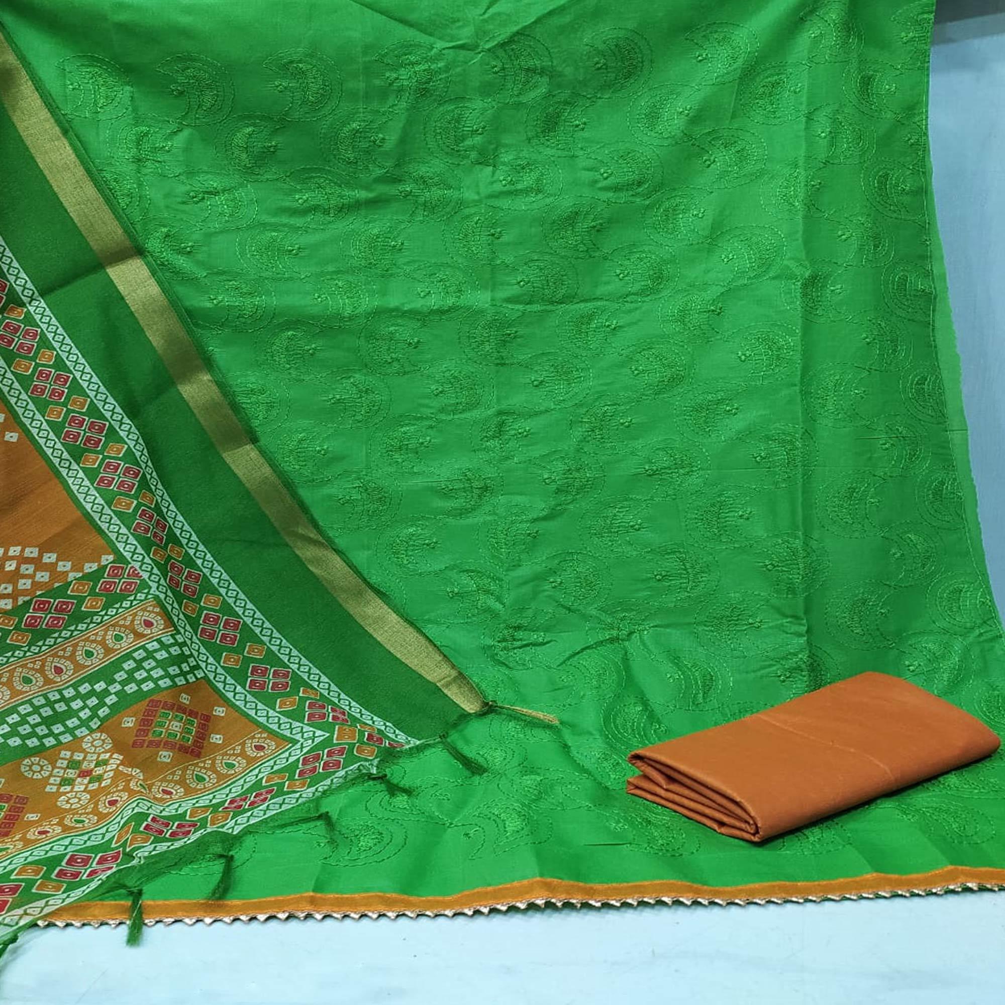 Exceptional Green Colored Casual Wear Embroidered Cotton Dress Material - Peachmode