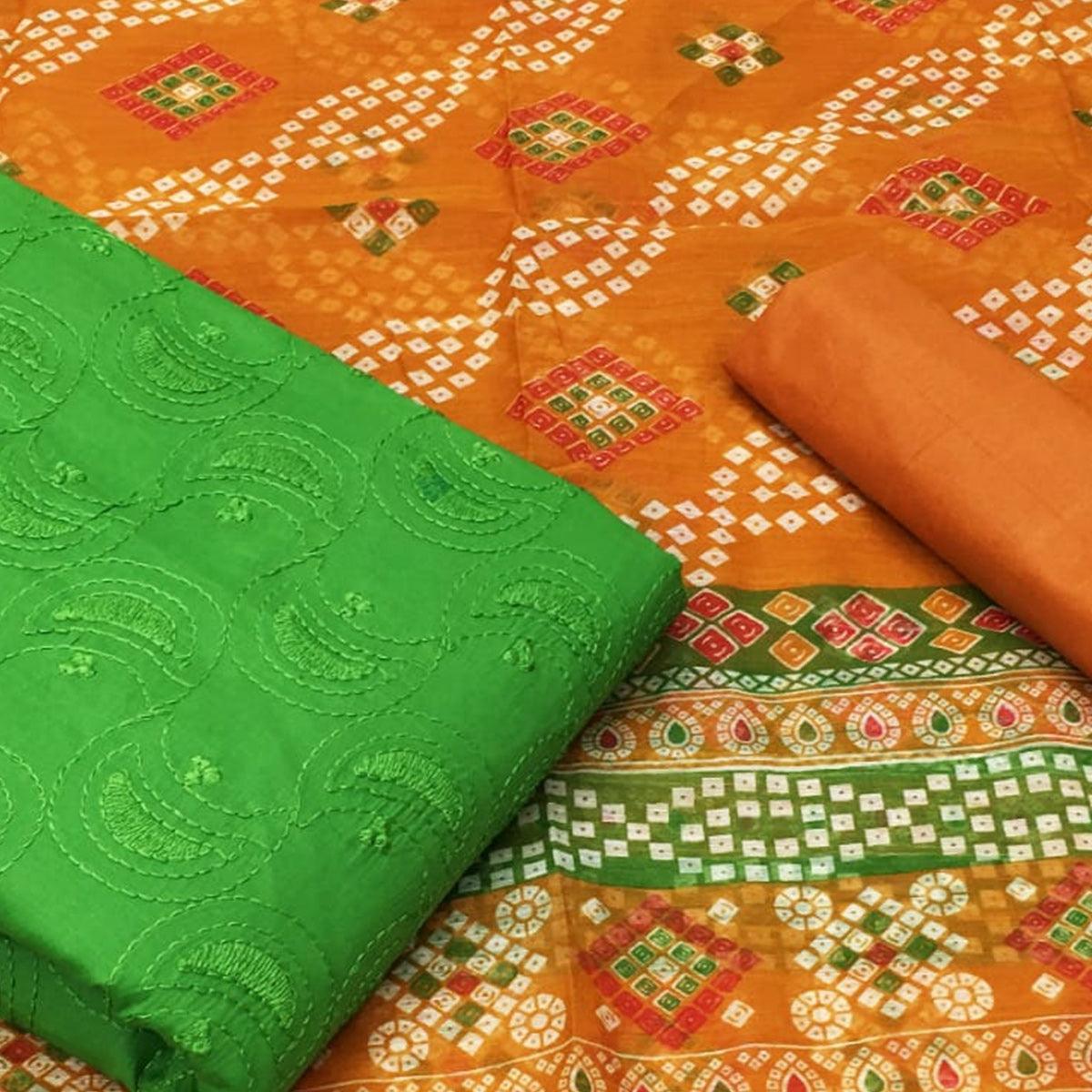 Exceptional Green Colored Casual Wear Embroidered Cotton Dress Material - Peachmode