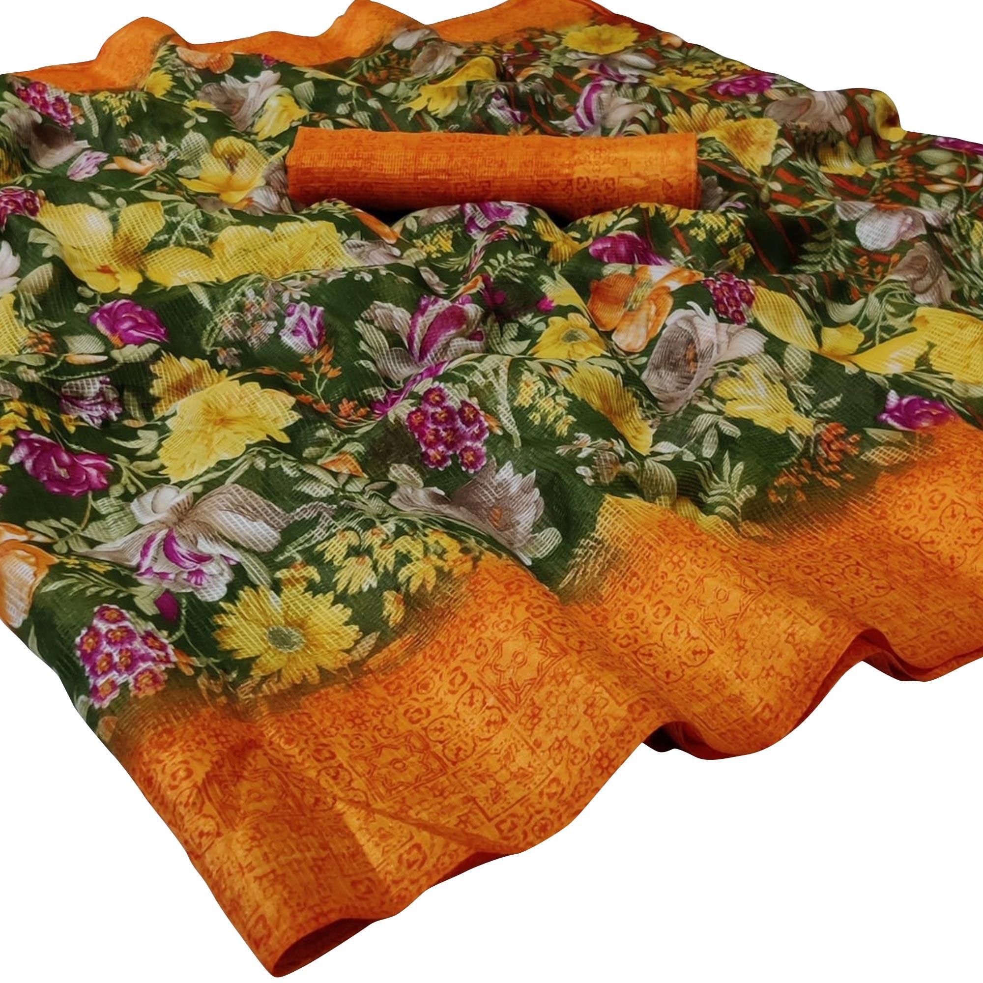Exceptional Green Colored Casual Wear Floral Printed Silk Saree - Peachmode