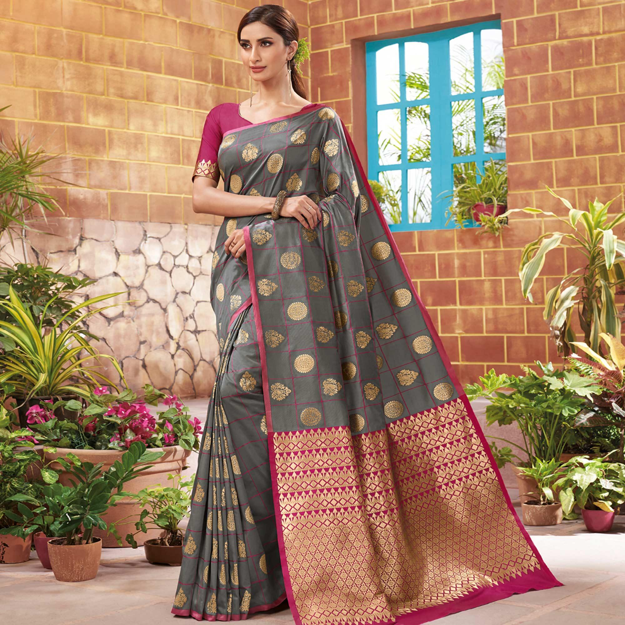 Exceptional Grey Colored Festive Wear Woven Silk Saree - Peachmode