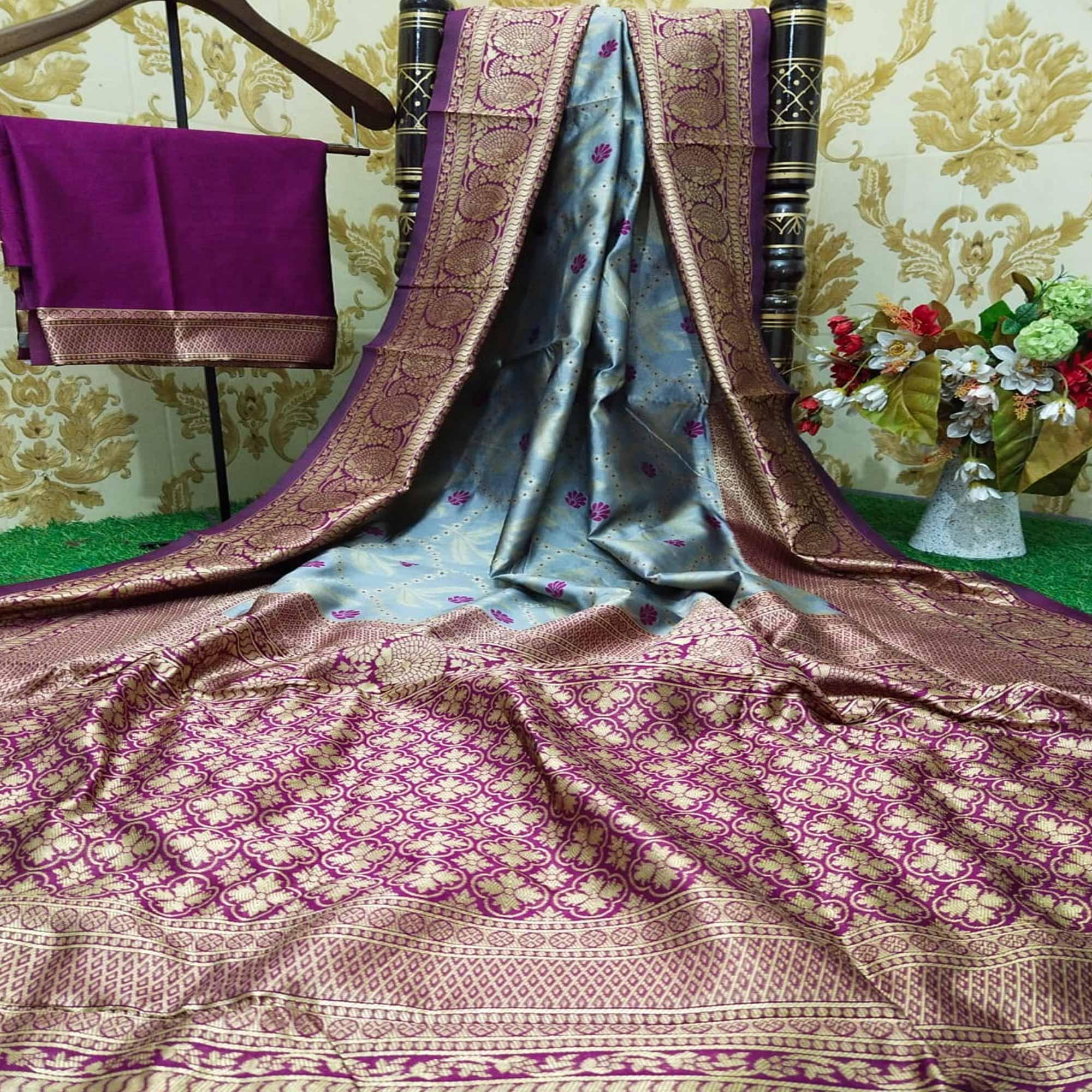Exceptional Grey Colored Festive Wear Woven Silk Saree - Peachmode