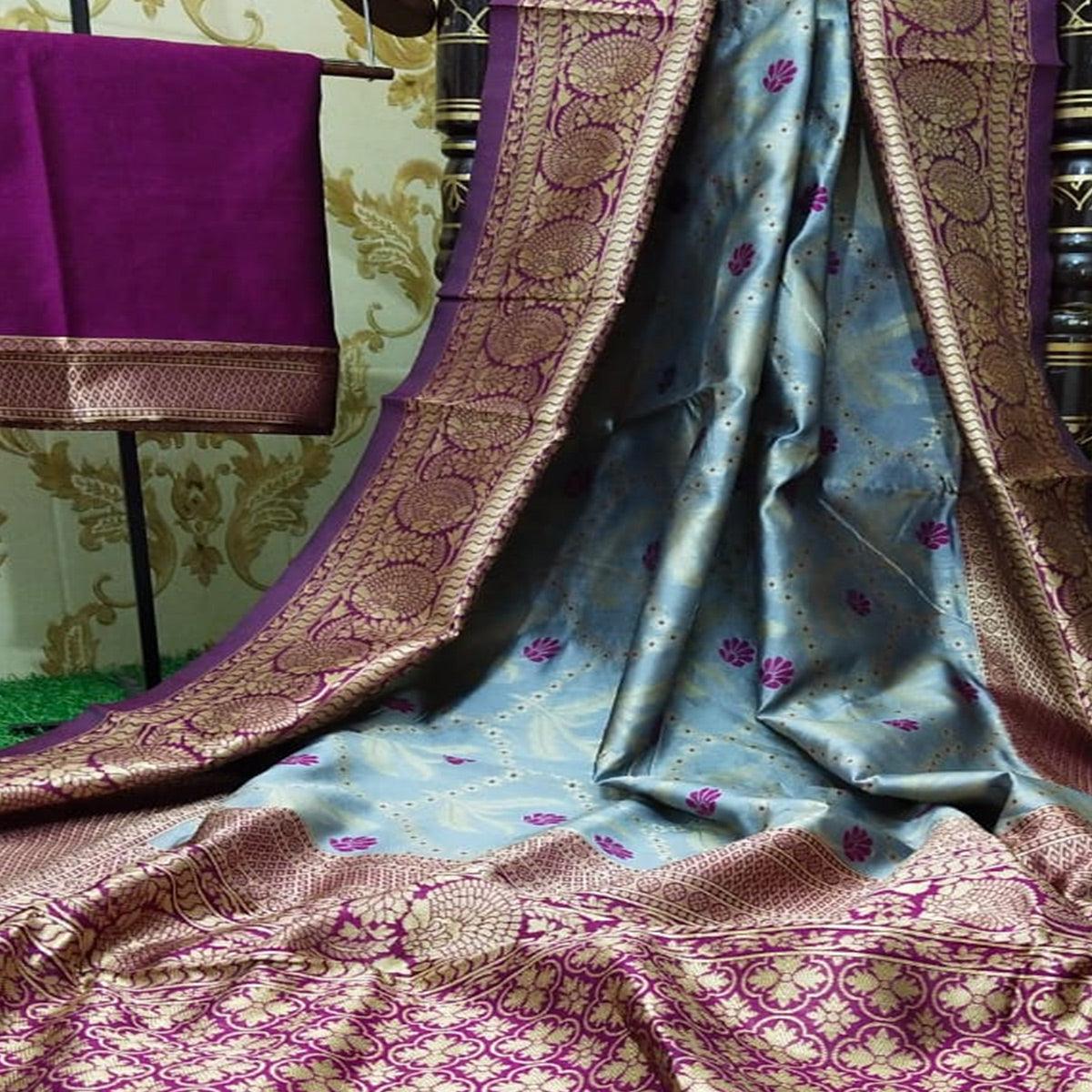 Exceptional Grey Colored Festive Wear Woven Silk Saree - Peachmode
