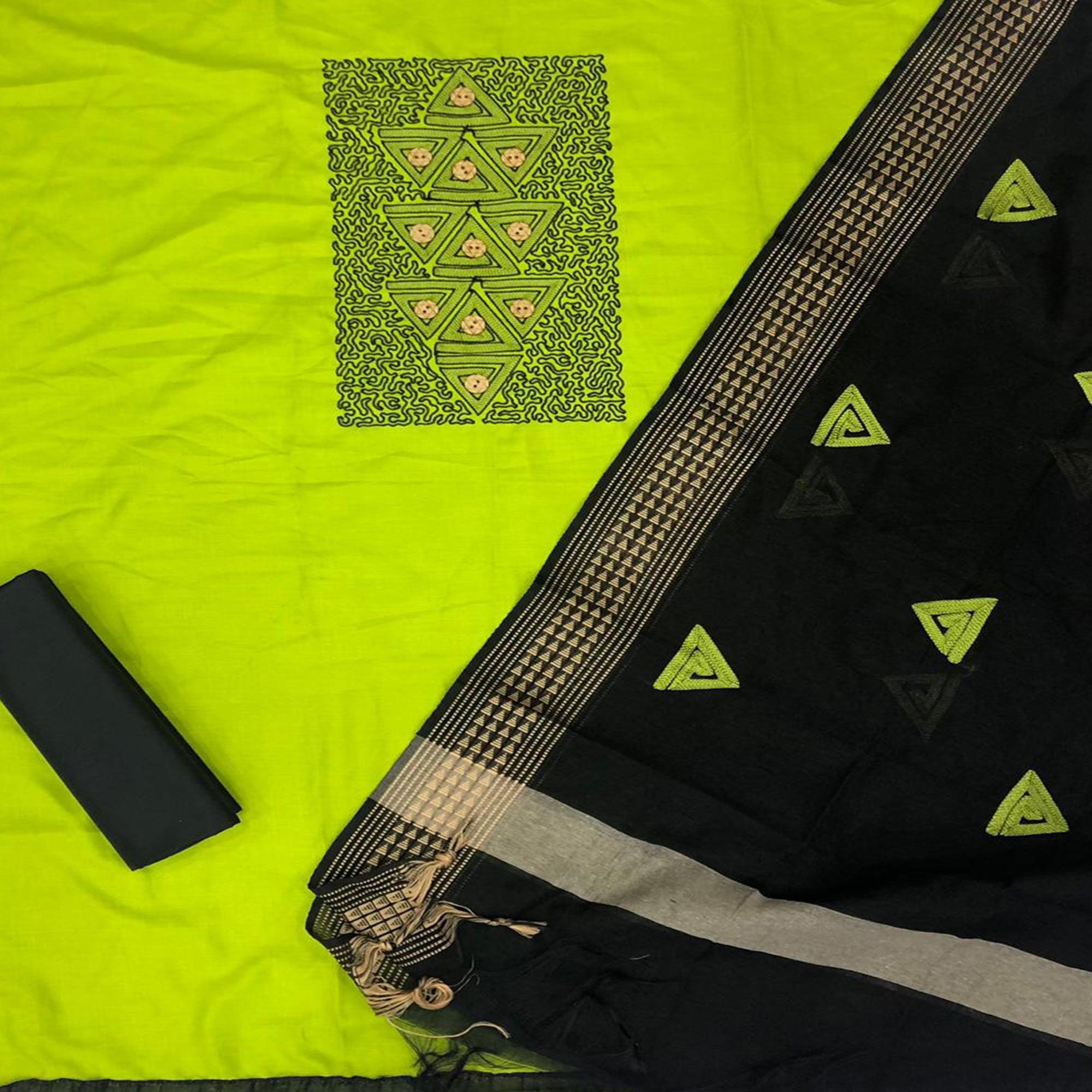 Exceptional Mehandi Coloured Casual Wear Embroidered Cotton Dress Material - Peachmode