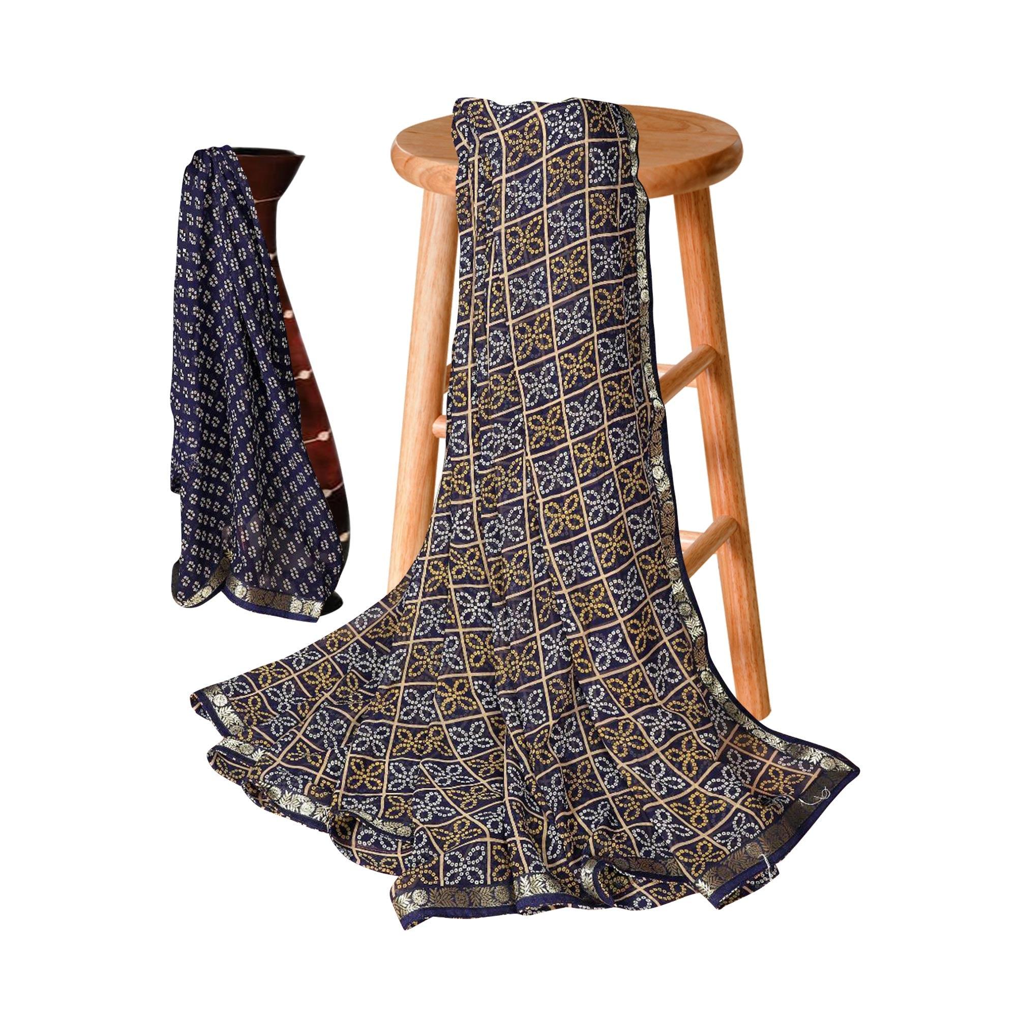 Exceptional Navy Blue Colored Casual Bandhani Printed Georgette Saree - Peachmode