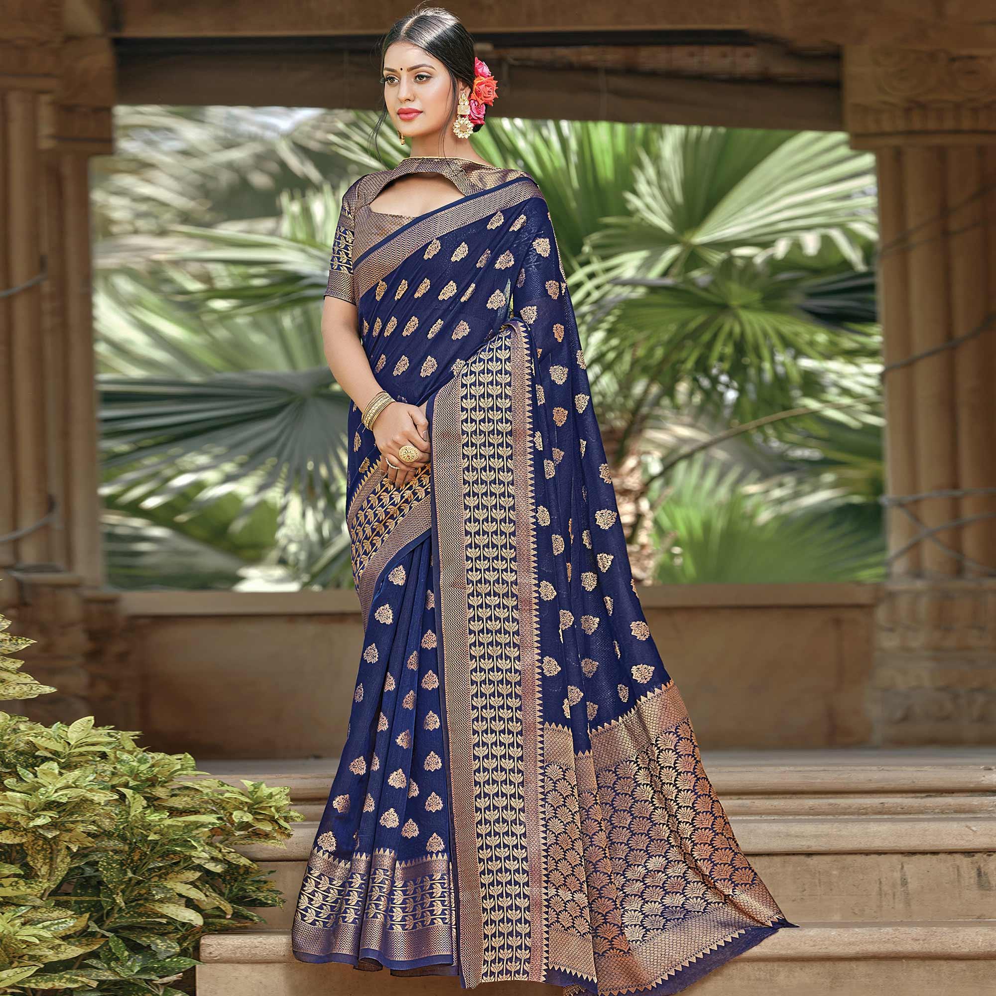 Exceptional Navy Blue Colored Festive Wear Woven Handloom Cotton Saree - Peachmode