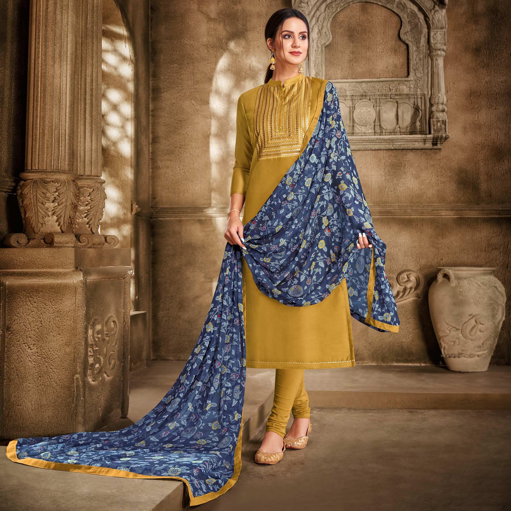 Exceptional Olive Green Colored Casual Wear Embroidered Chanderi Dress Material - Peachmode