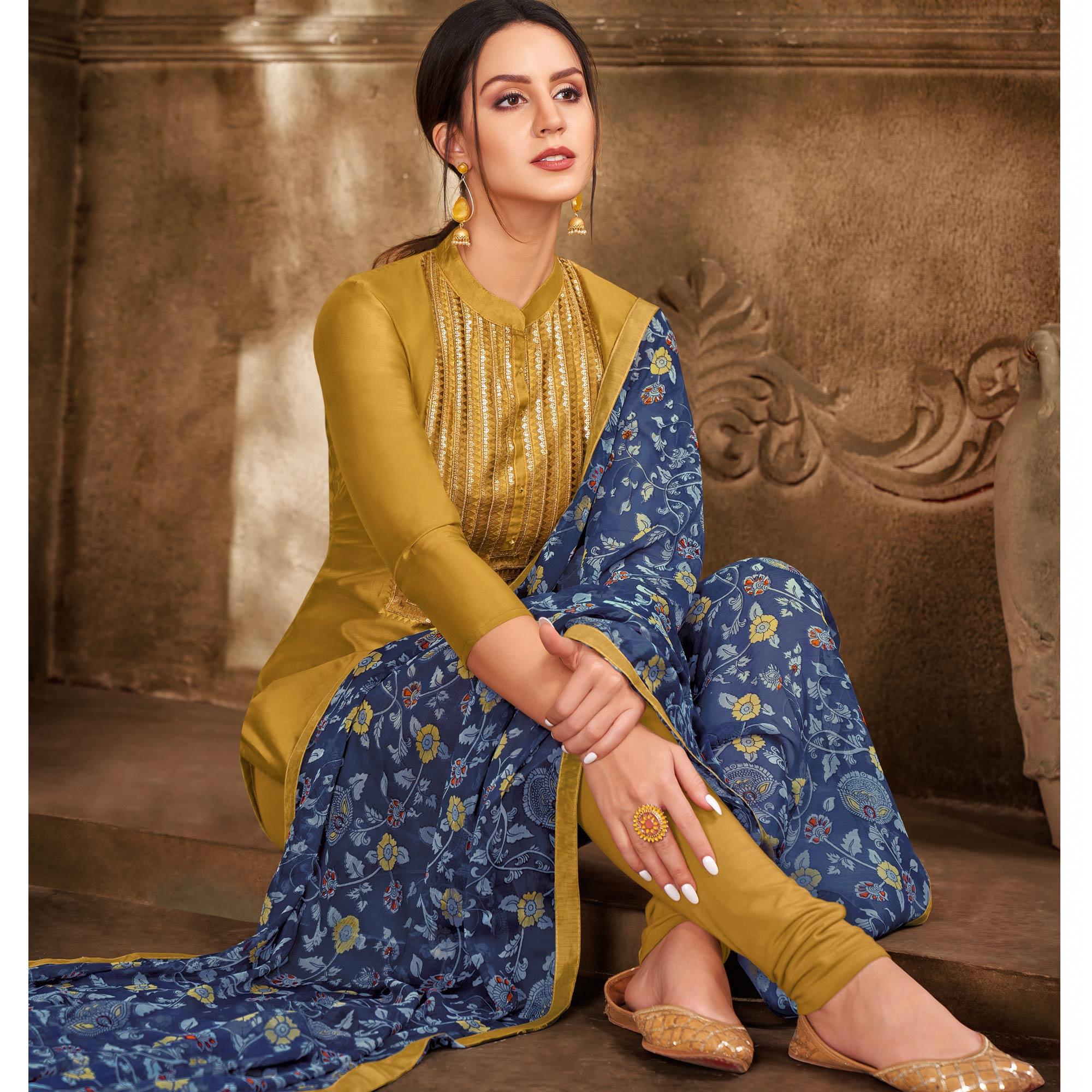Exceptional Olive Green Colored Casual Wear Embroidered Chanderi Dress Material - Peachmode