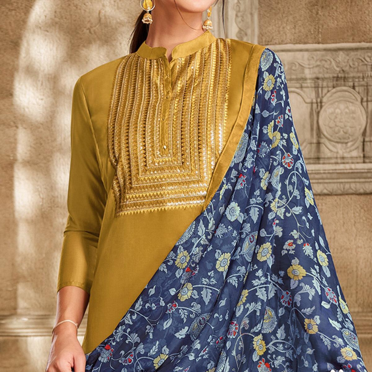 Exceptional Olive Green Colored Casual Wear Embroidered Chanderi Dress Material - Peachmode