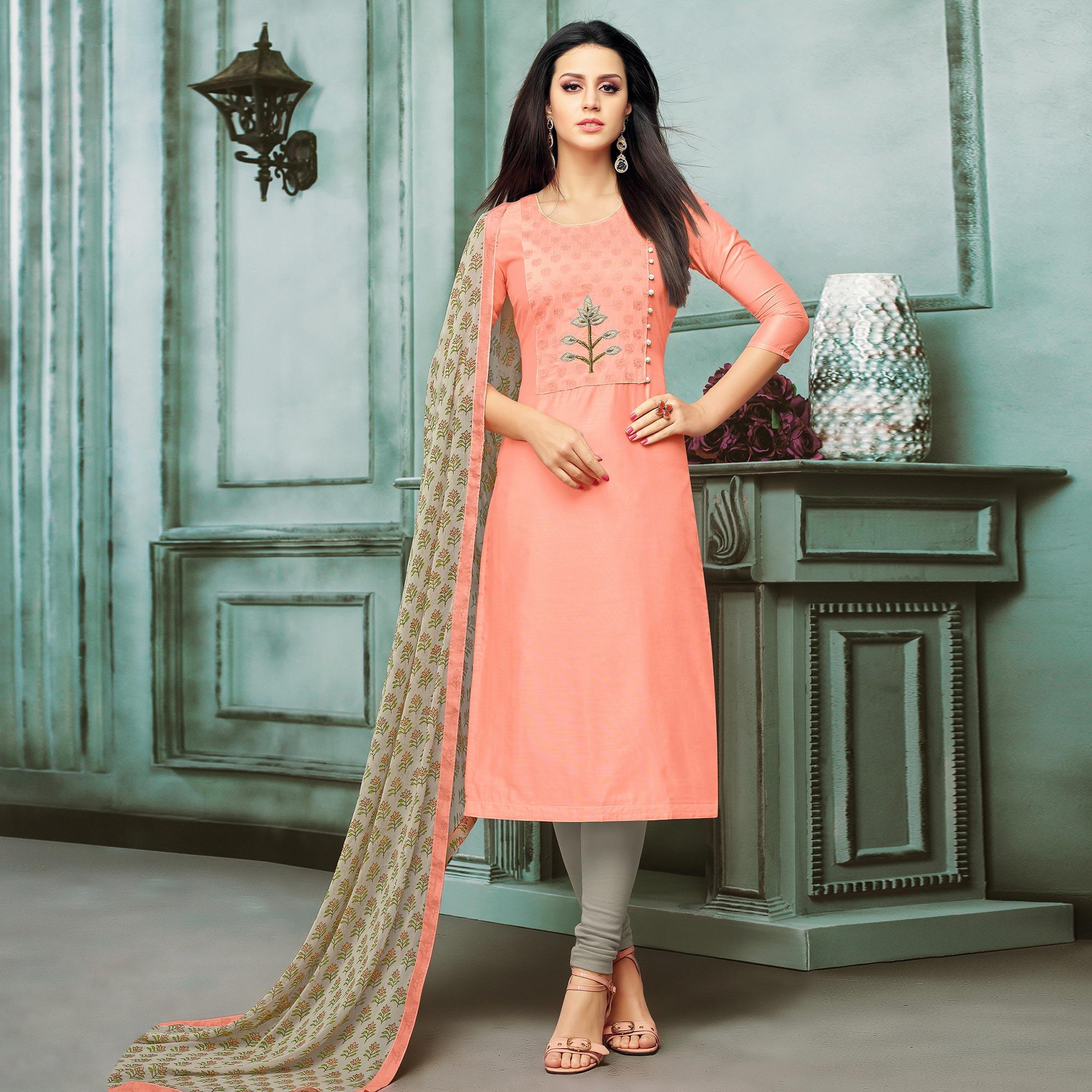 Exceptional Peach Colored Casual Wear Printed Chanderi Dress Material - Peachmode