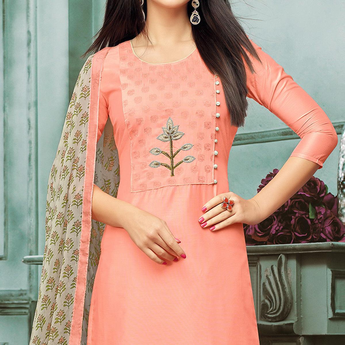 Exceptional Peach Colored Casual Wear Printed Chanderi Dress Material - Peachmode