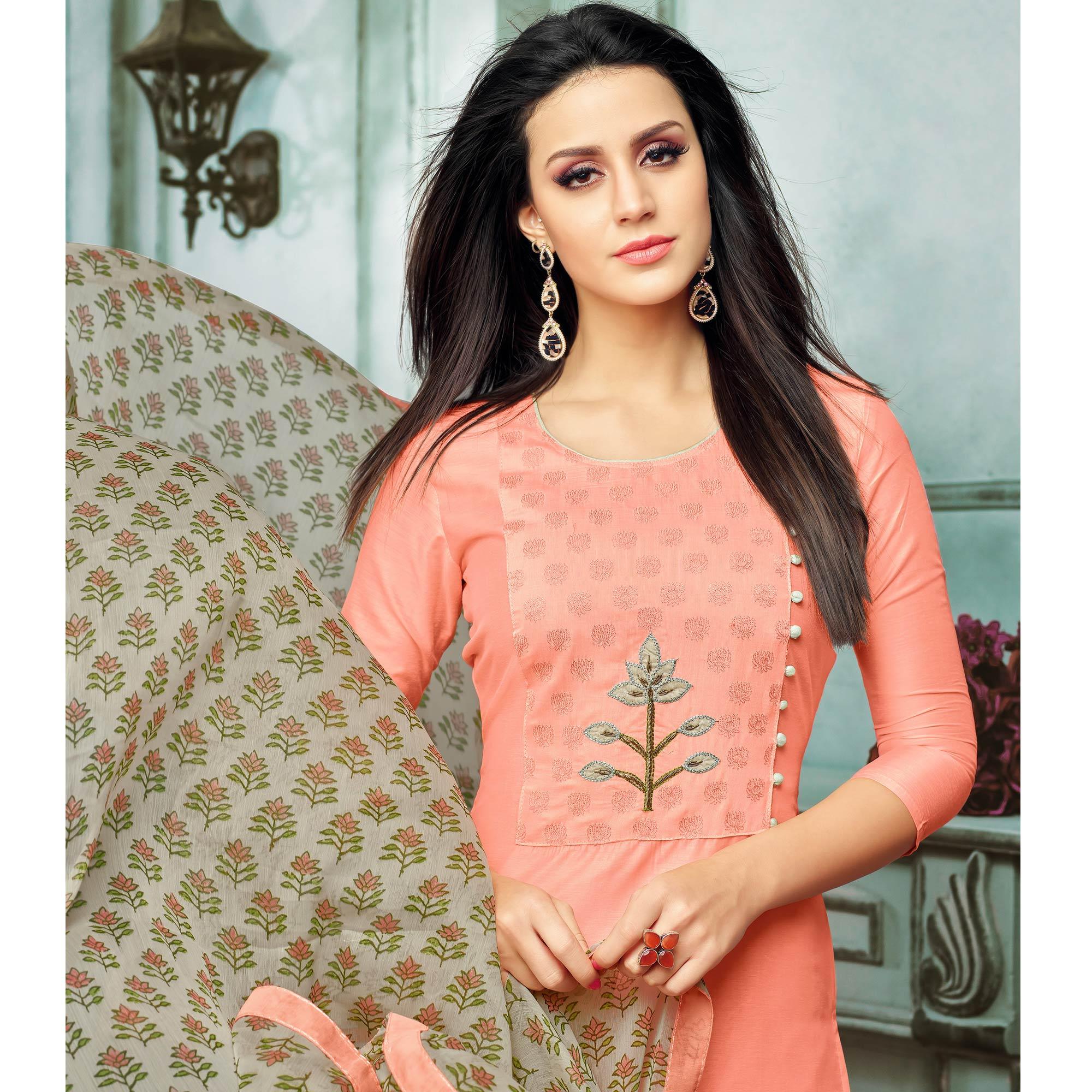 Exceptional Peach Colored Casual Wear Printed Chanderi Dress Material - Peachmode