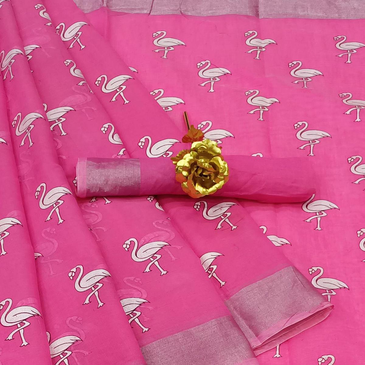 Exceptional Pink Colored Casual Wear Printed Cotton Linen Saree - Peachmode