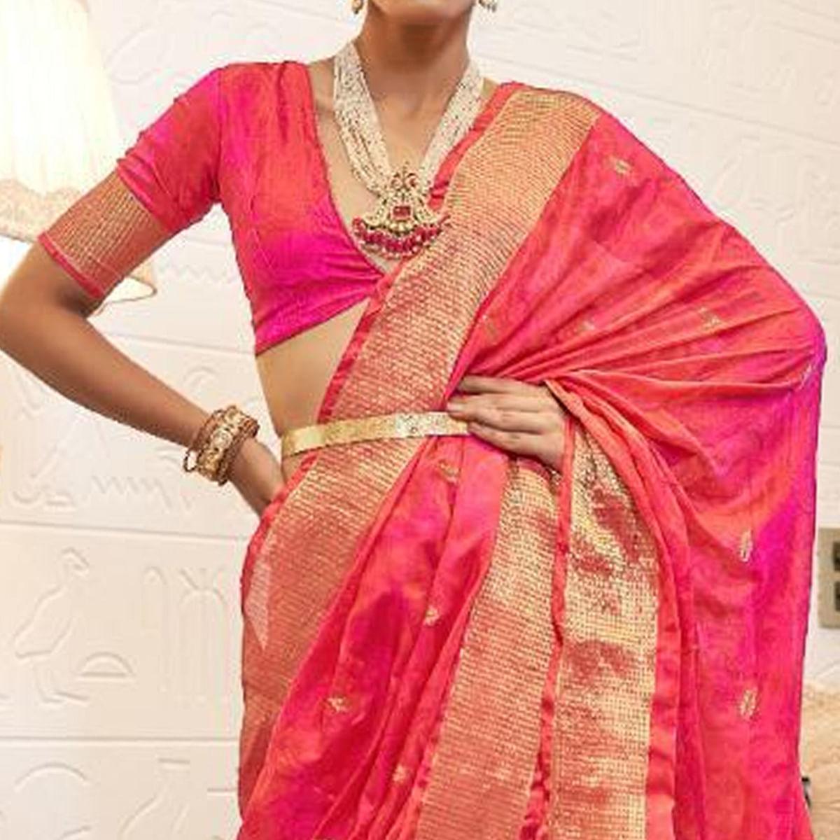 Exceptional Pink Colored Festive Wear Woven Pure Kanjivaram Silk Saree - Peachmode