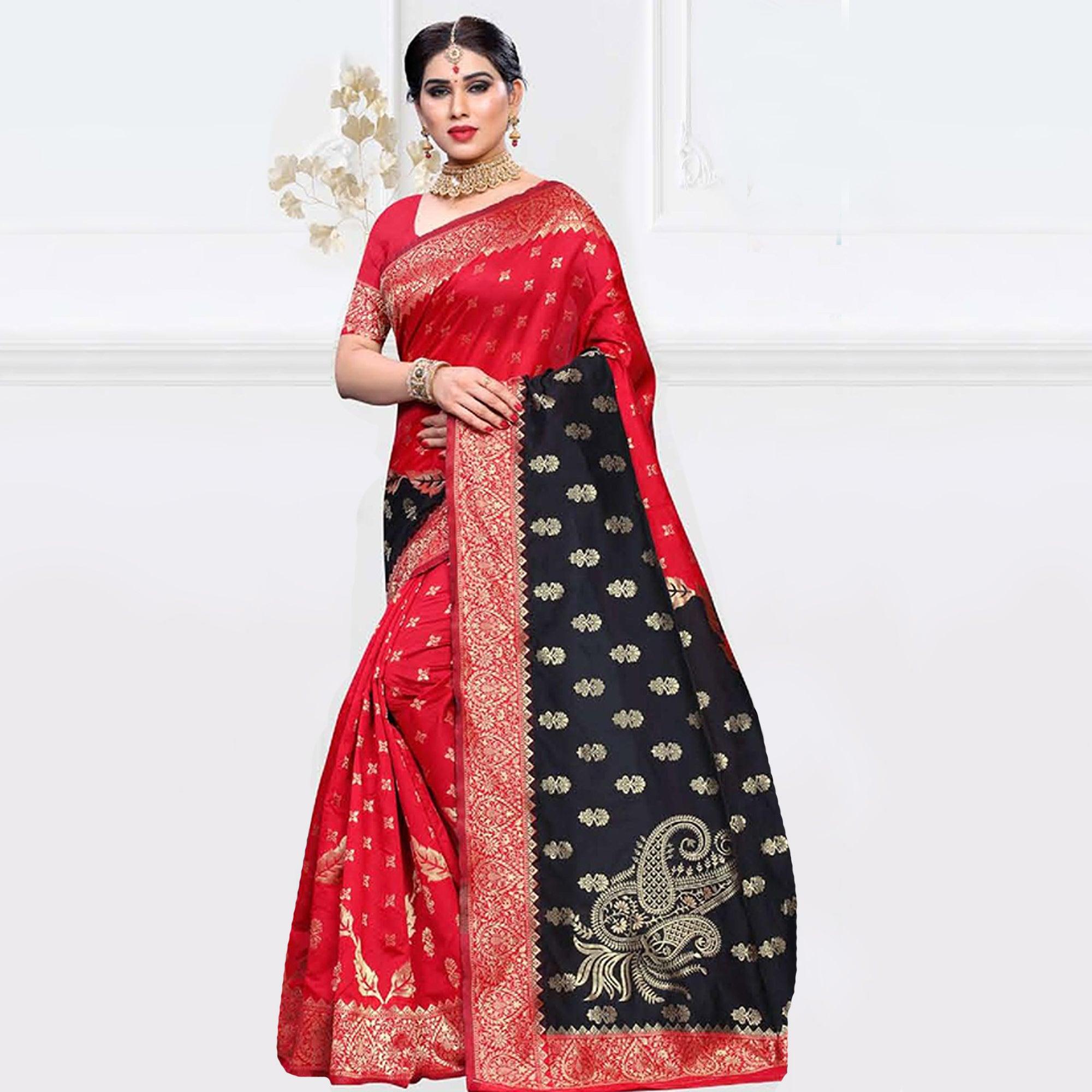 Exceptional Red - Black Colored Festive Wear Woven Art Silk Saree - Peachmode