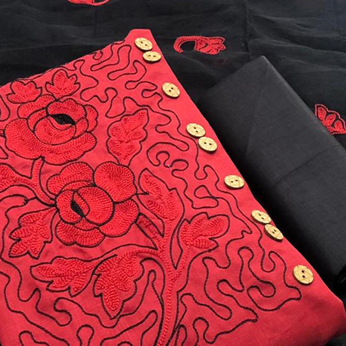 Exceptional Red Colored Casual Wear Embroidered Cotton Dress Material - Peachmode