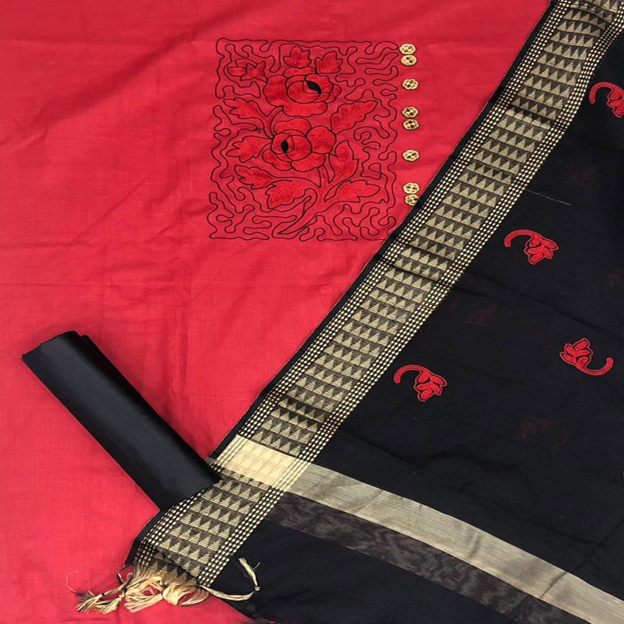 Exceptional Red Colored Casual Wear Embroidered Cotton Dress Material - Peachmode
