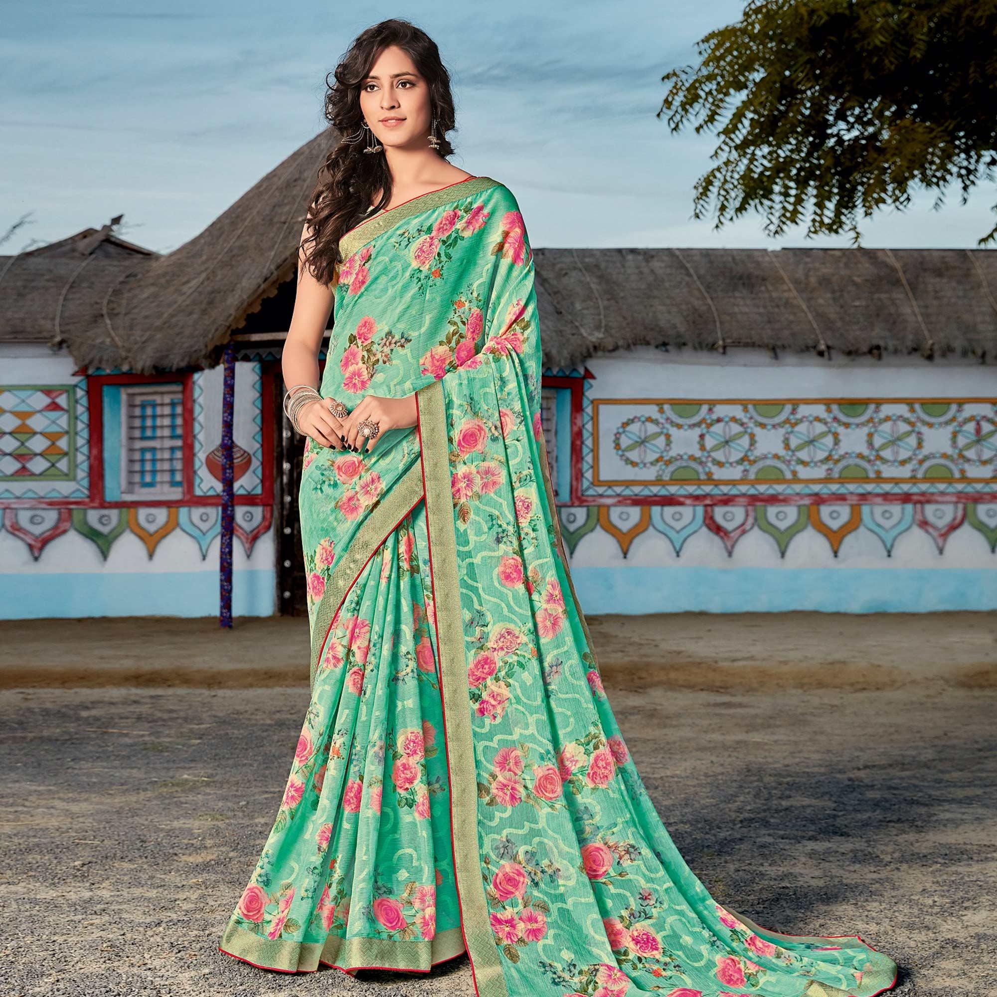 Exceptional Sea Blue Coloured Partywear Printed Brasso Saree - Peachmode
