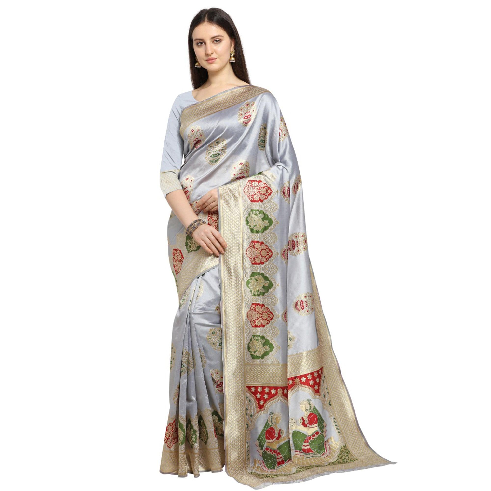 Exceptional Silver Colored Festive Wear Woven Banarasi Silk Saree - Peachmode
