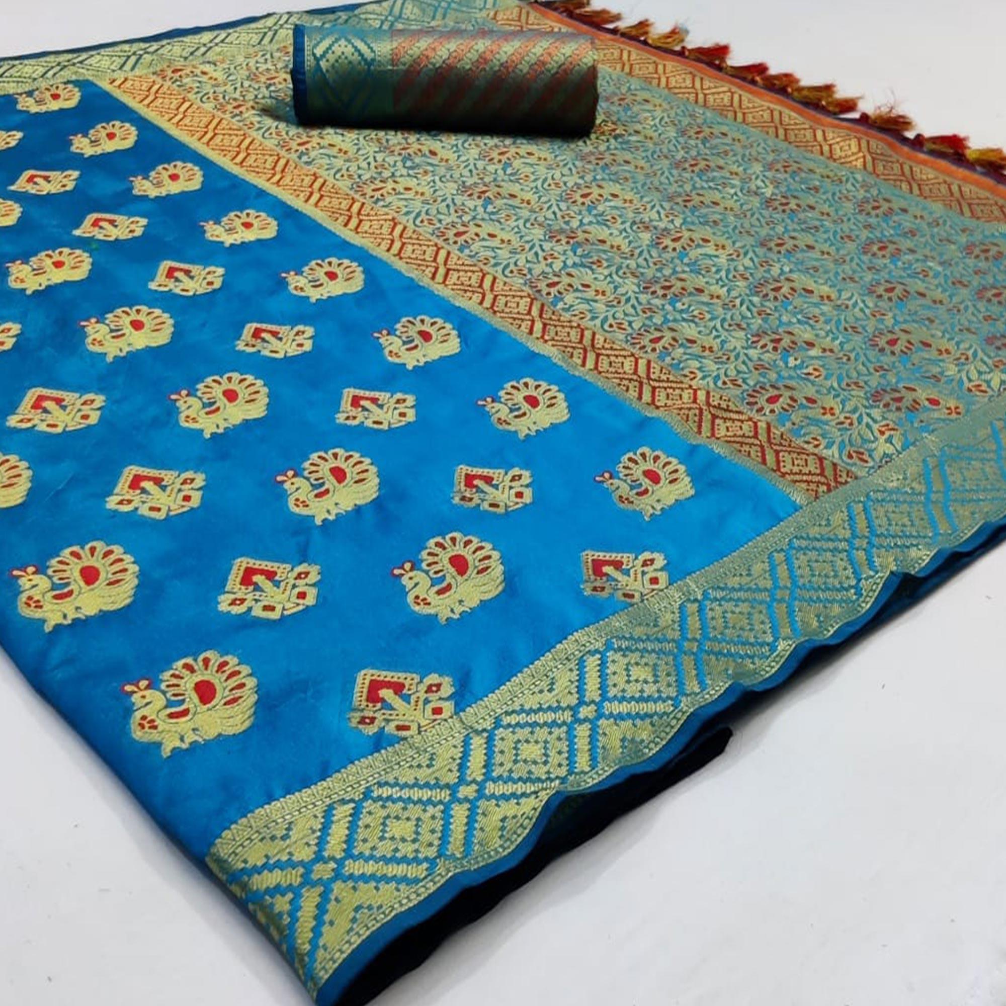 Exceptional Turquoise Blue Colored Festive Wear Woven Cotton Saree - Peachmode