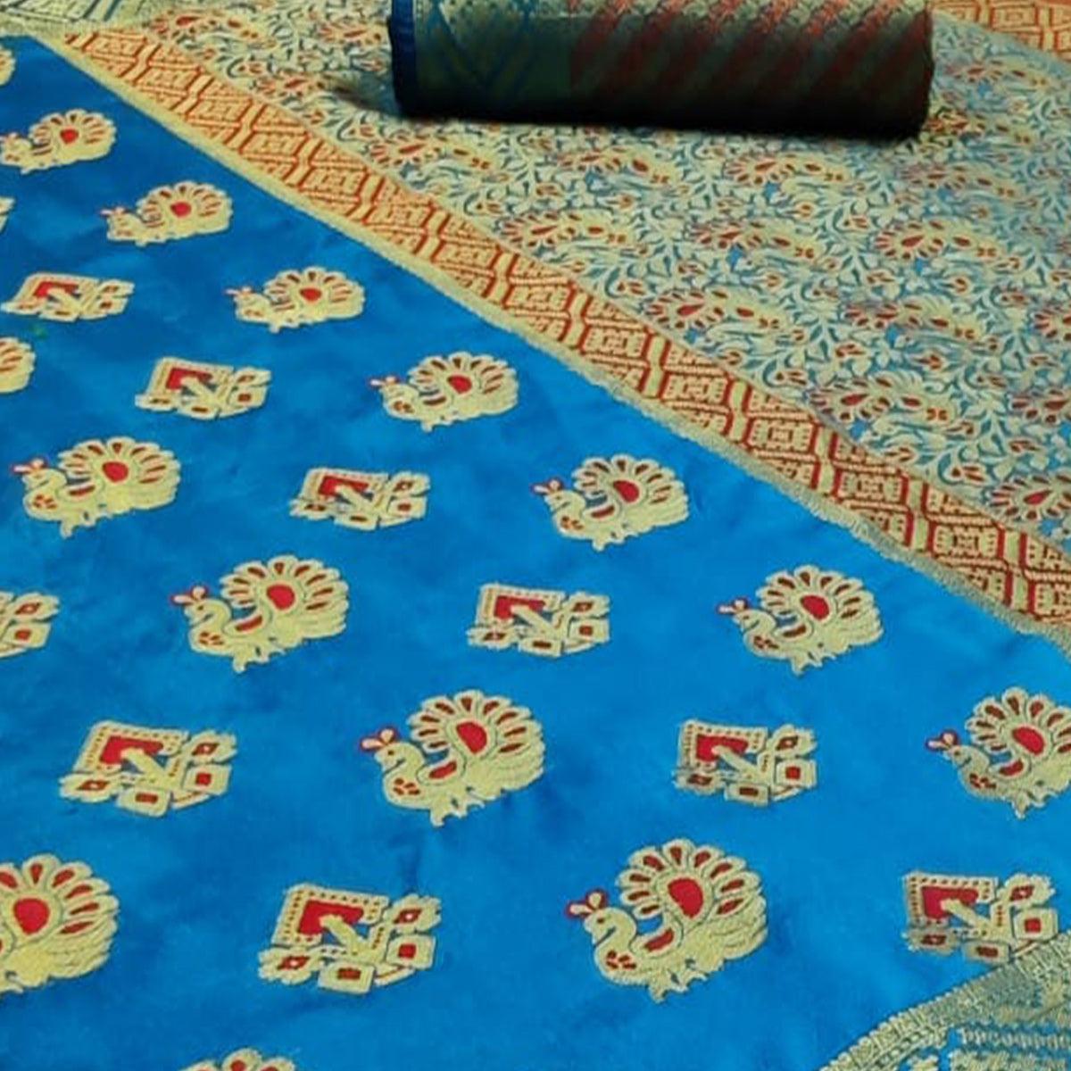 Exceptional Turquoise Blue Colored Festive Wear Woven Cotton Saree - Peachmode